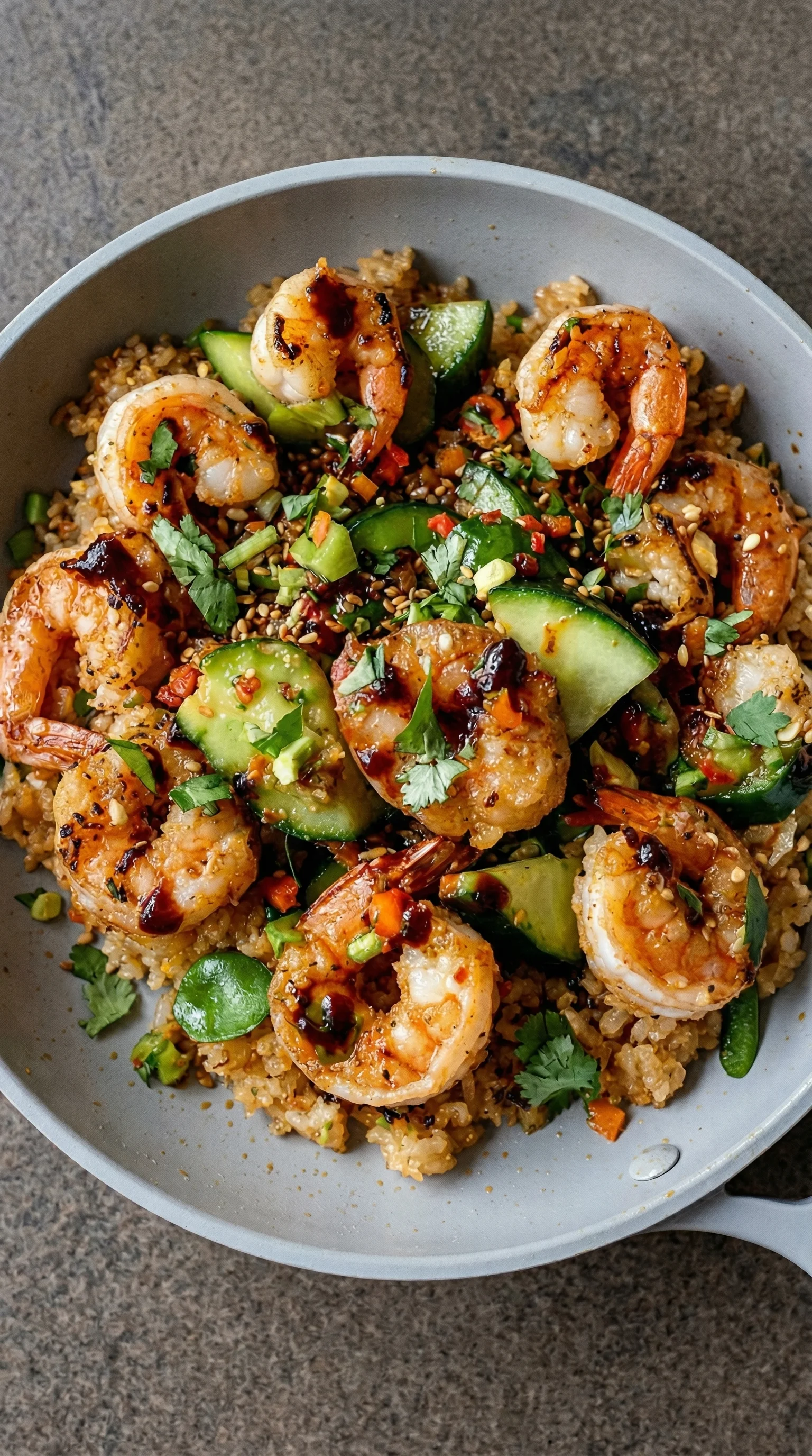A bowl of shrimp and vegetables.