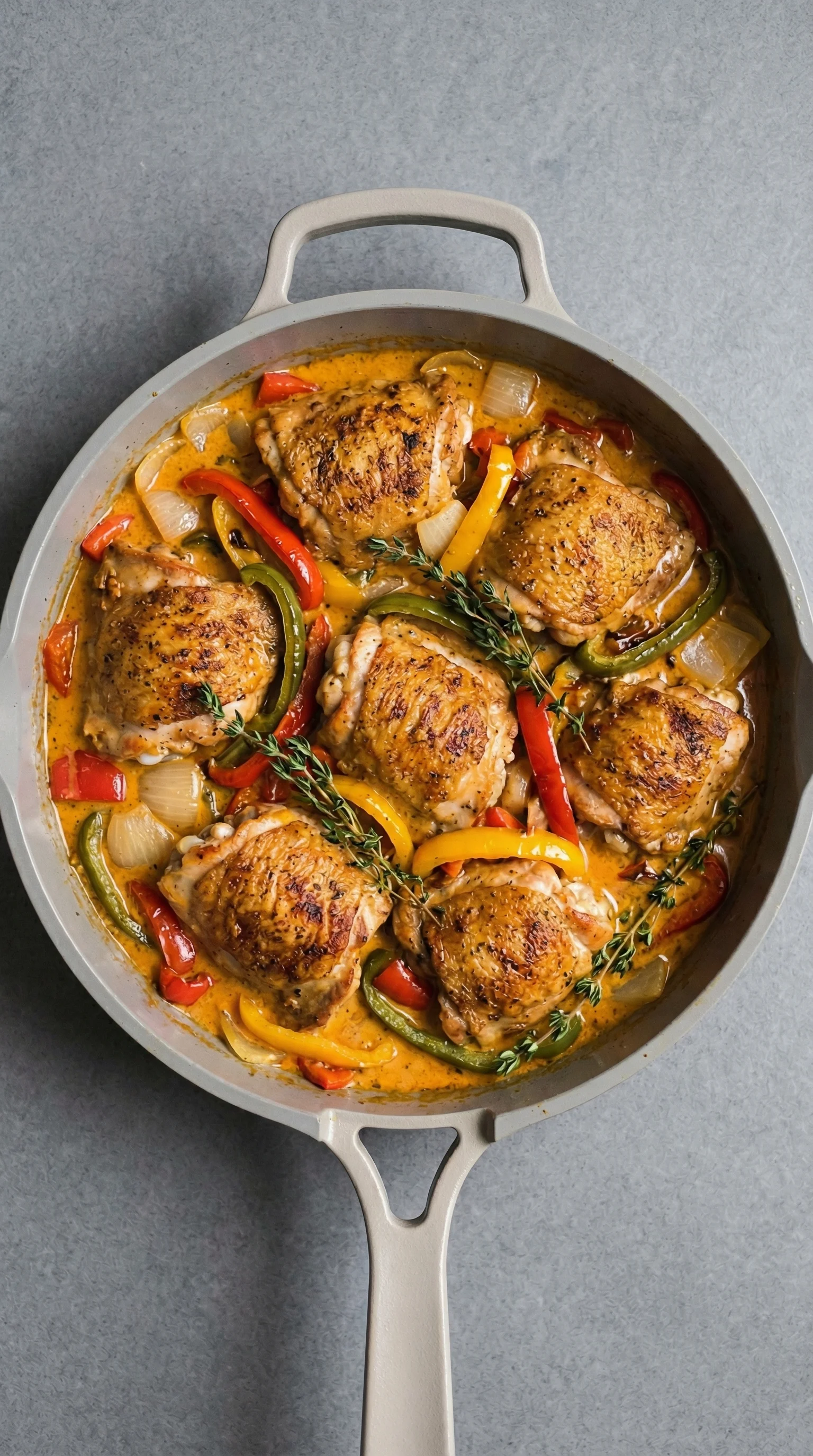 A pan of chicken with peppers and herbs.