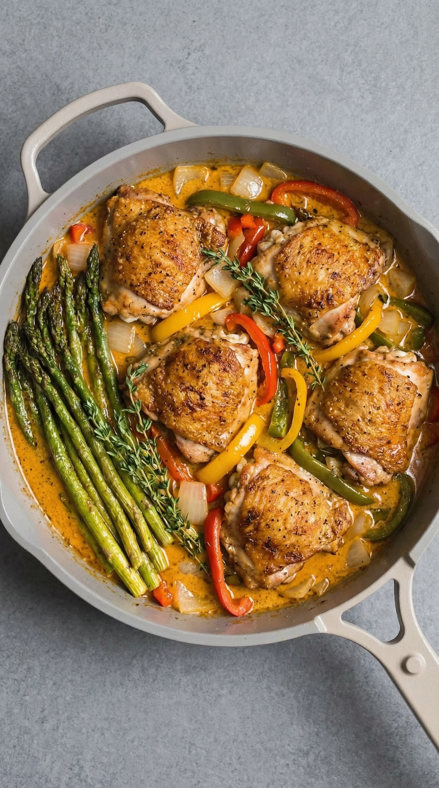 A pan of chicken with peppers and onions.
