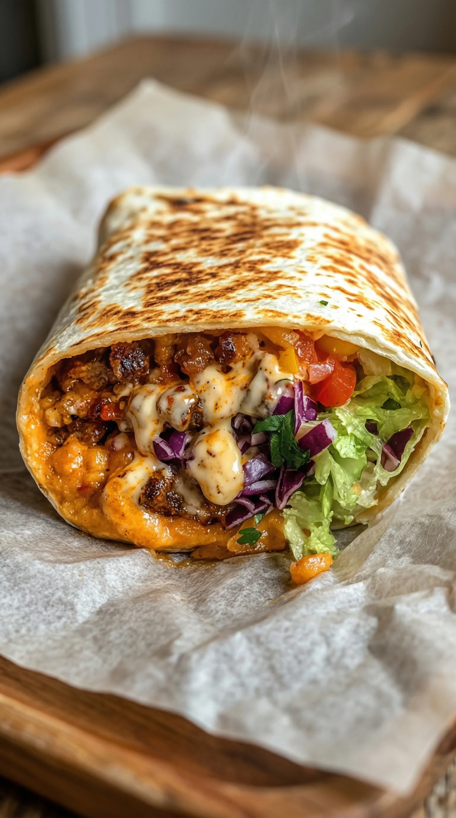 A burrito with meat and cheese.