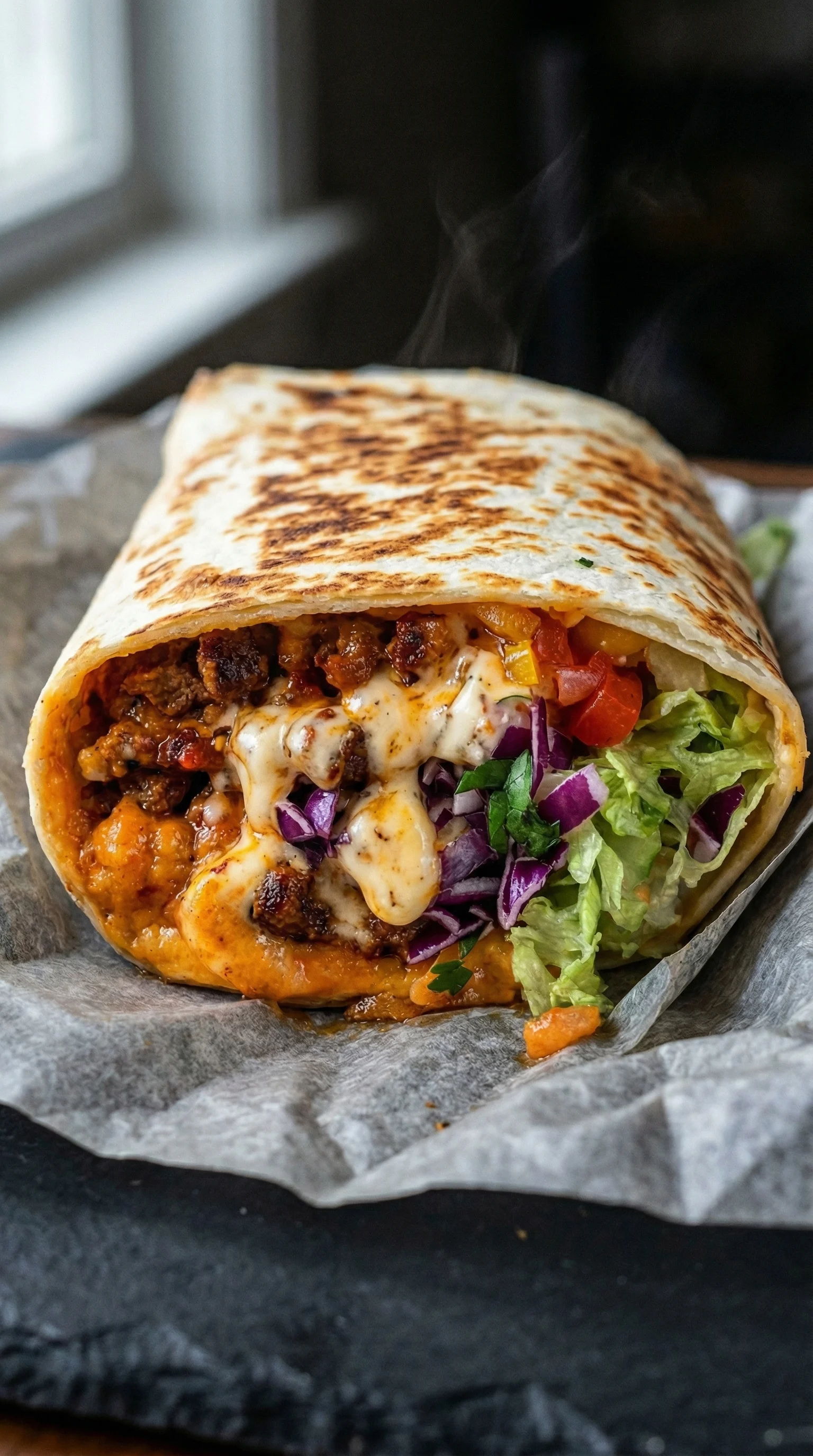 A burrito with meat, cheese, and vegetables.