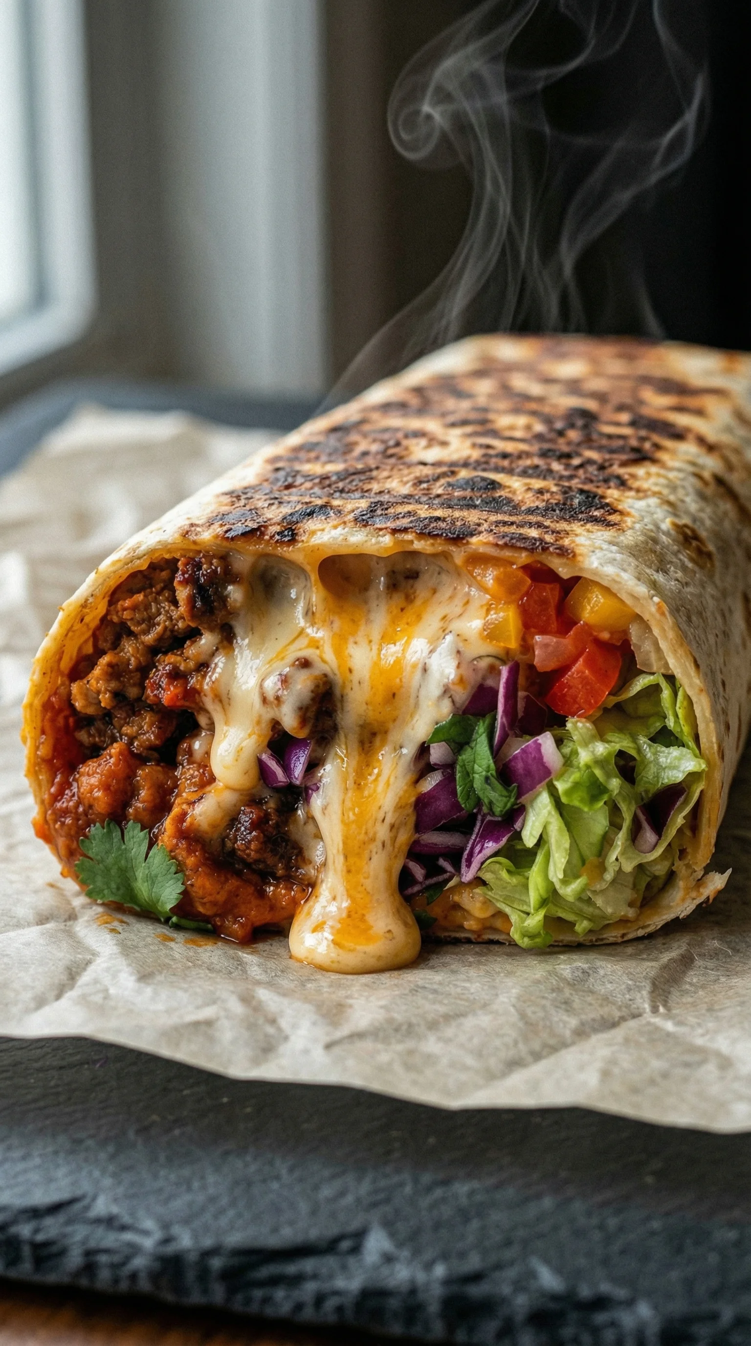 A burrito with cheese and tomatoes.