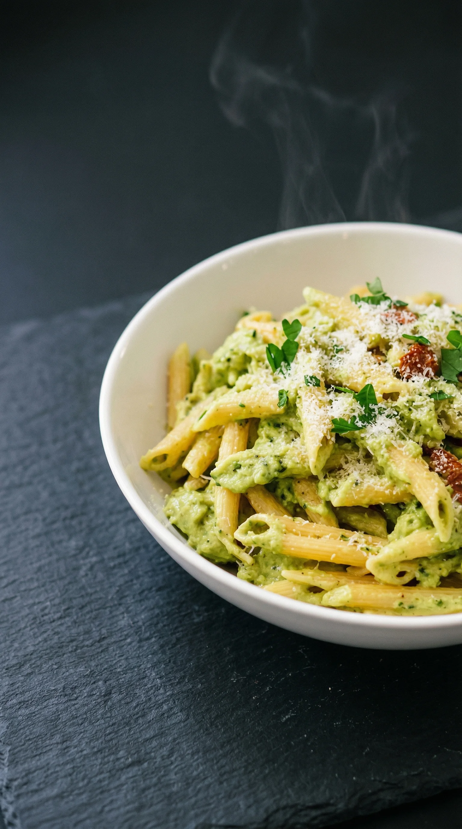 A bowl of pasta with cheese and avocado.