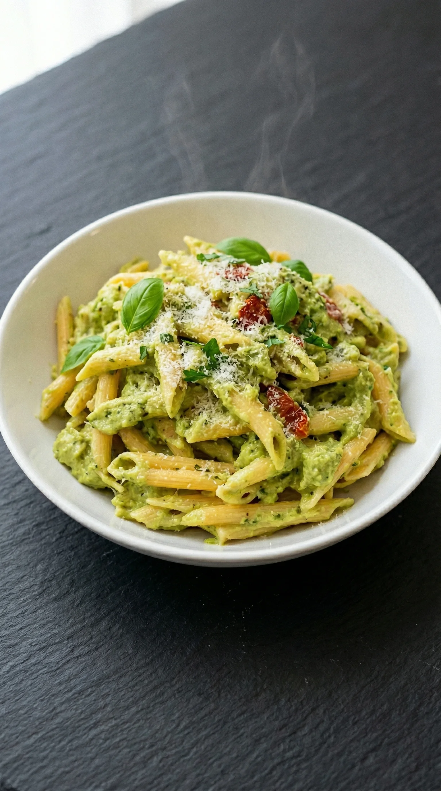 A bowl of pasta with cheese and avocado.