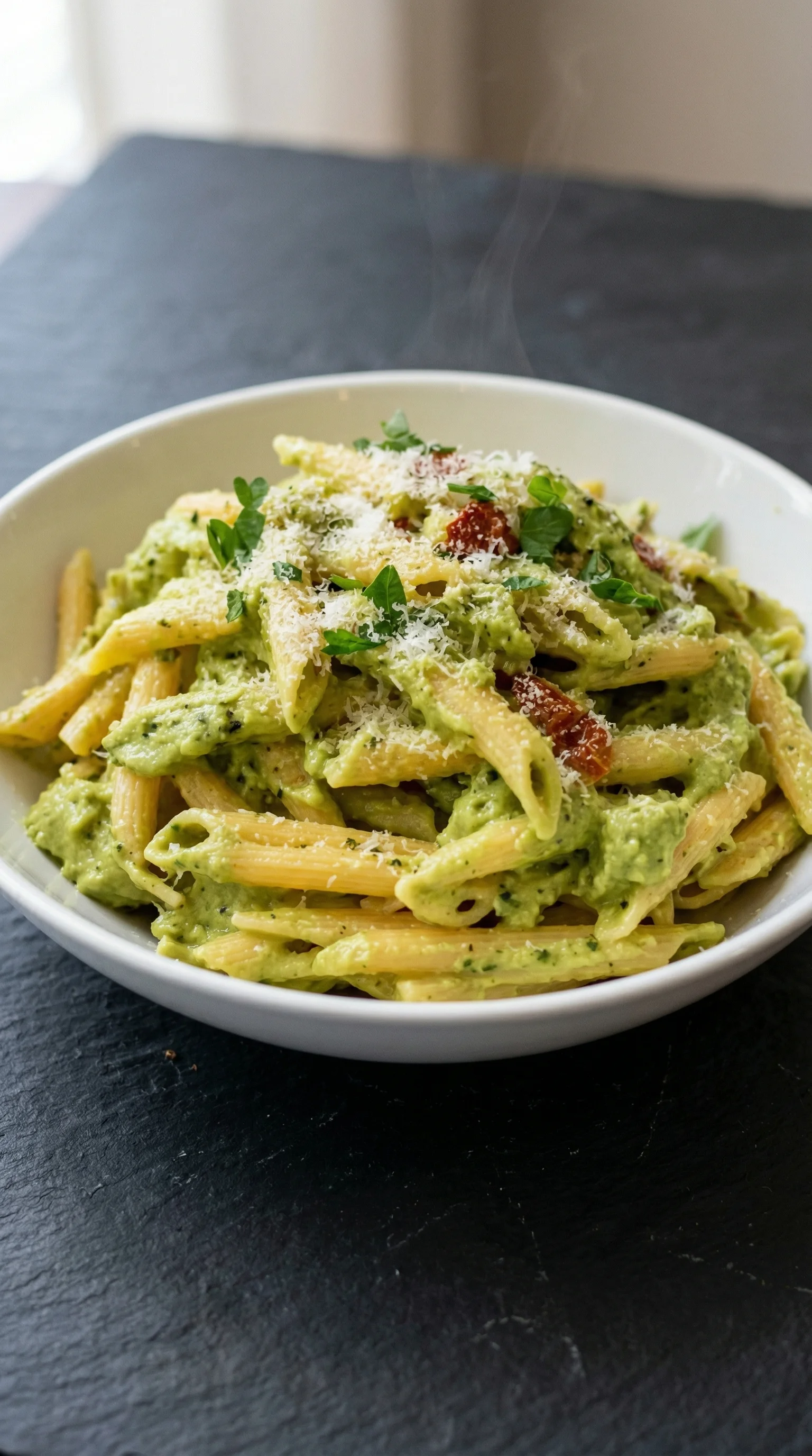 A bowl of pasta with cheese and avocado.