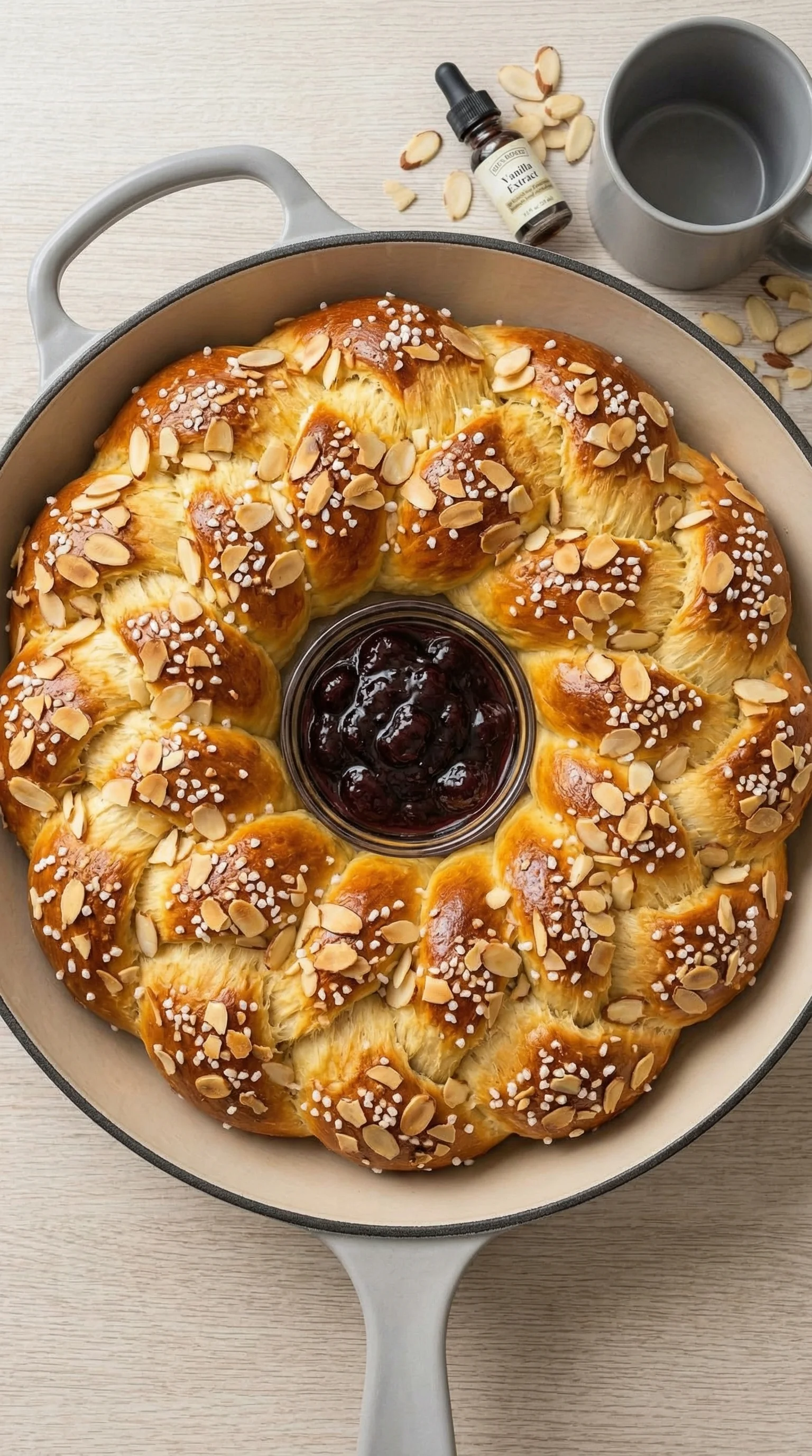 A fluffy bread with a bowl of jam in the middle.
