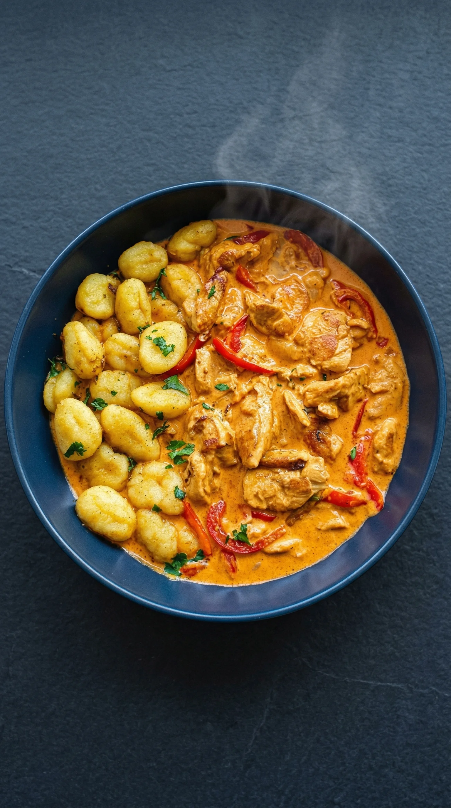 A bowl of food with chicken and gnocchi.