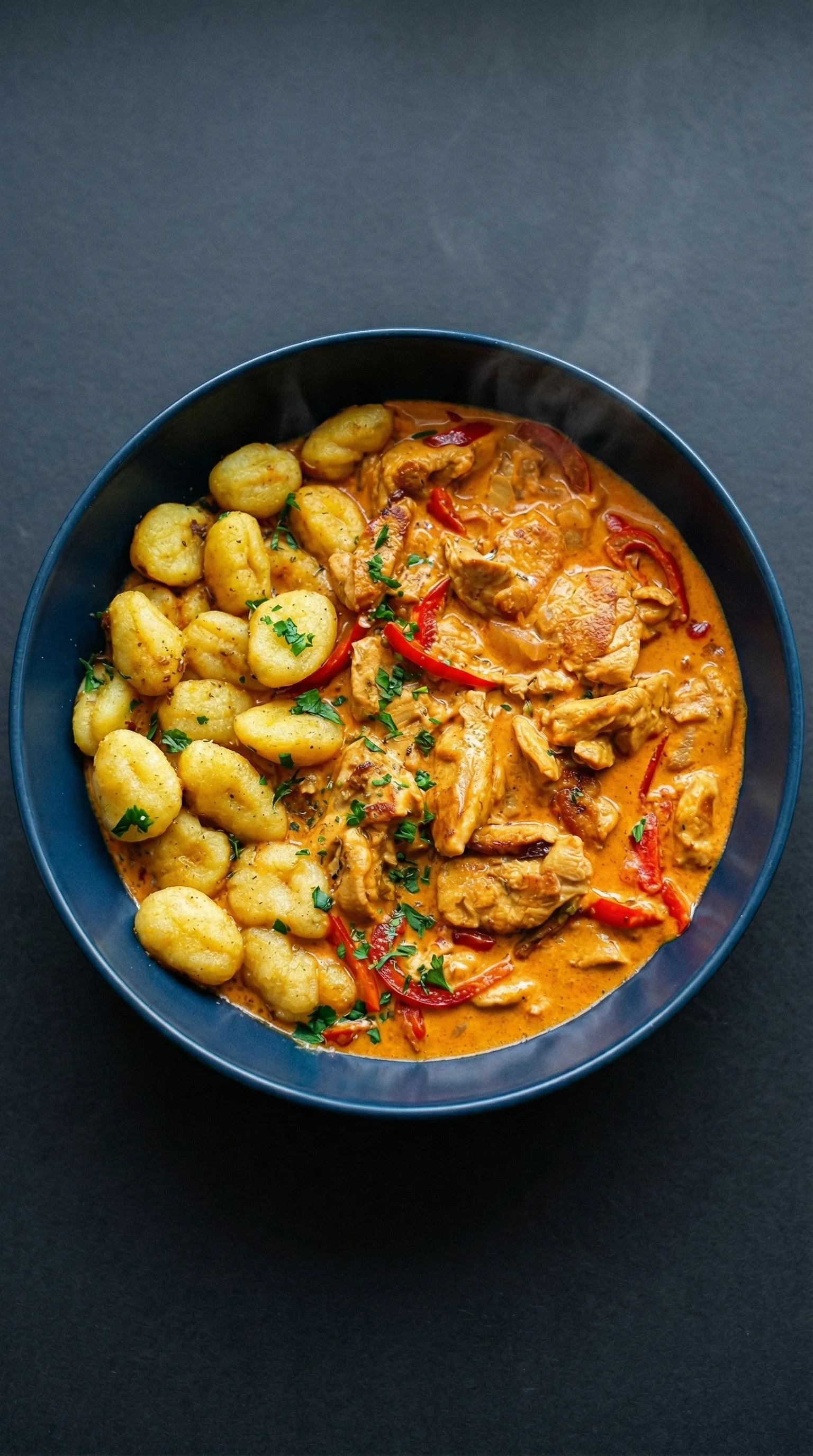 A bowl of food with chicken and gnocchi.