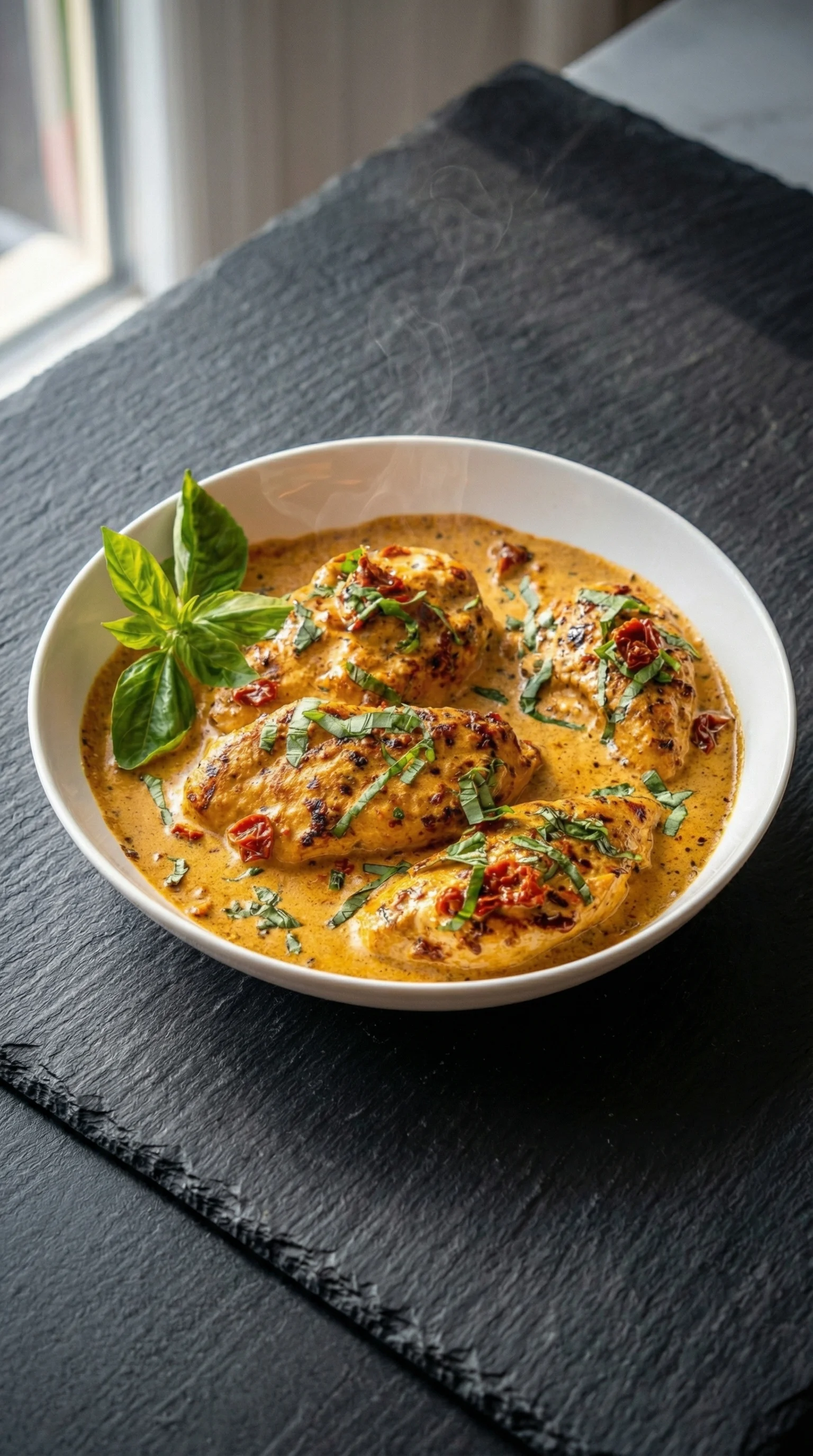 A plate of chicken with sauce and herbs.