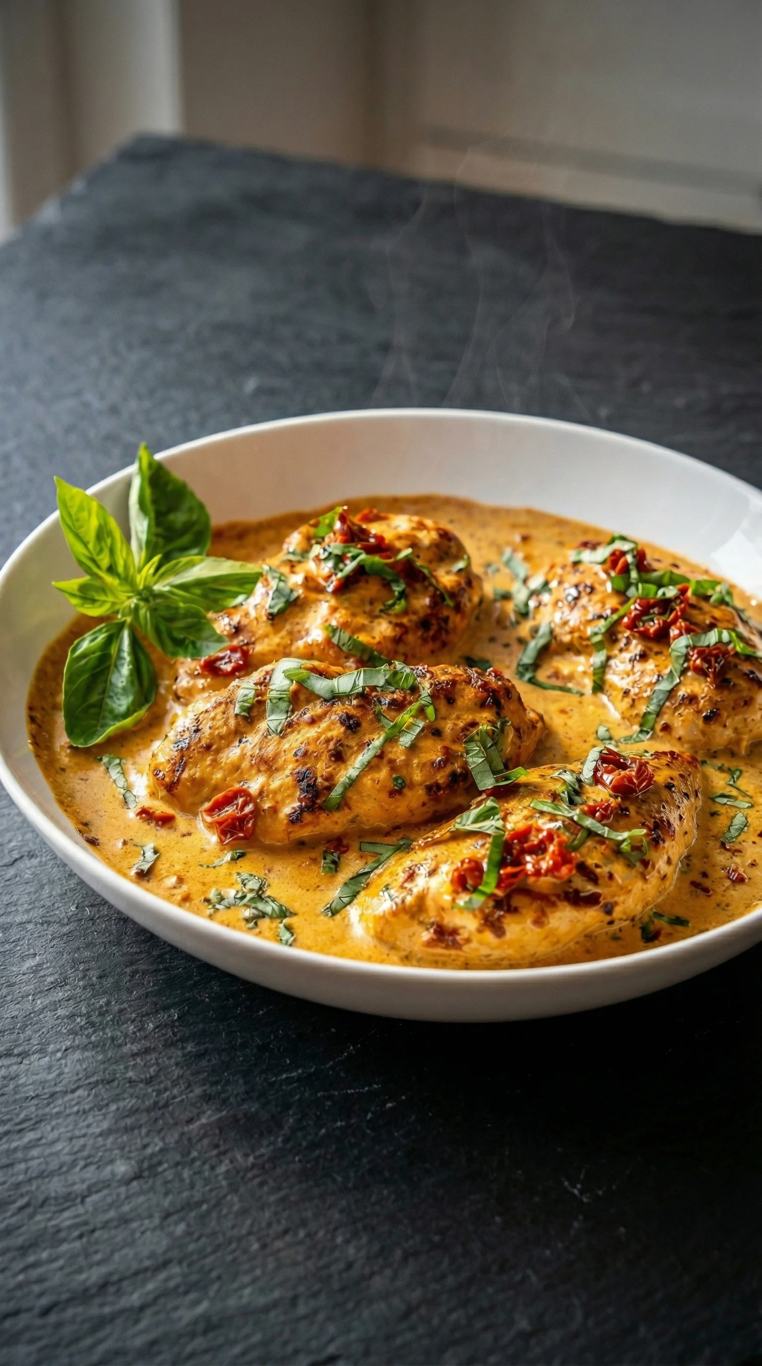 A bowl of chicken with a green topping.