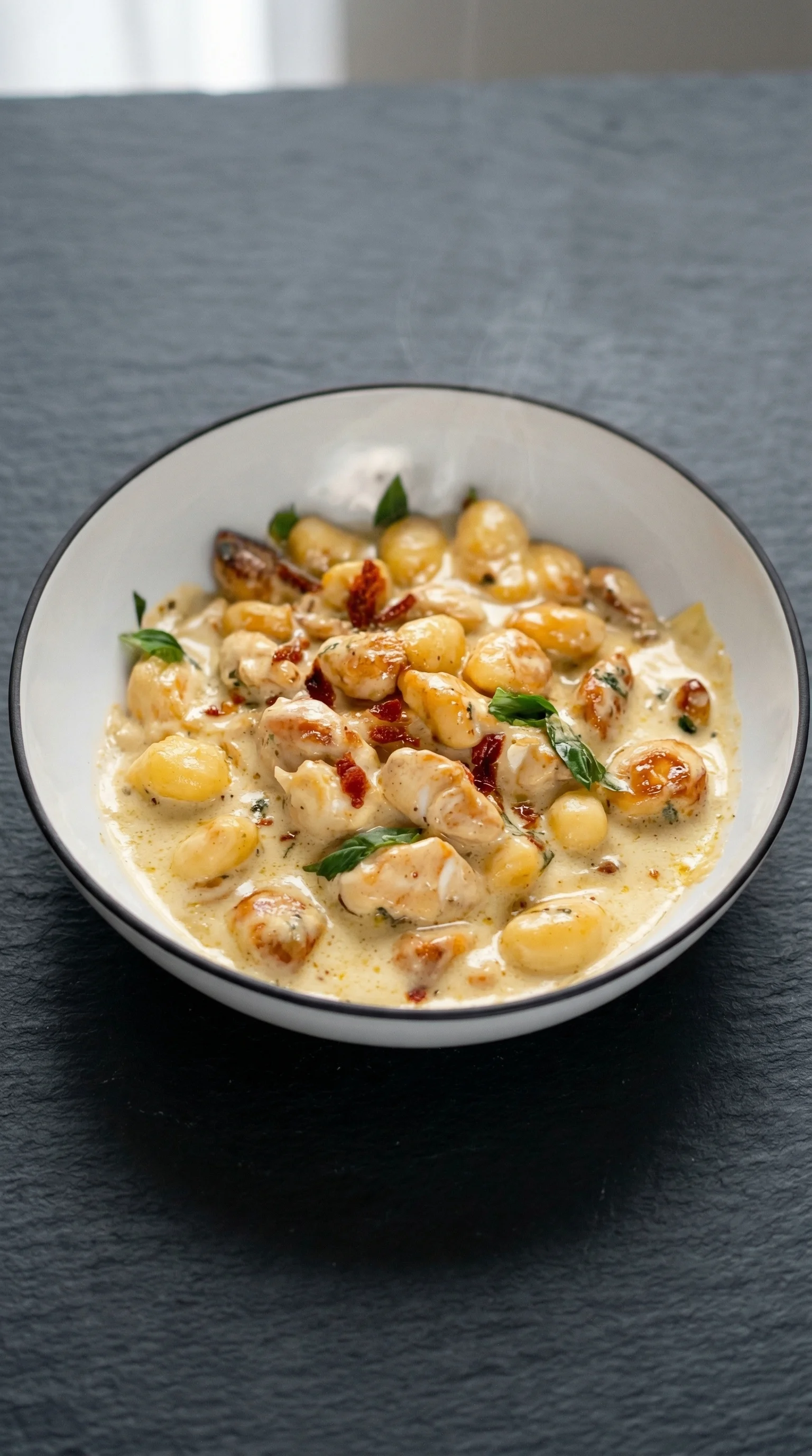 A bowl of creamy chicken with gnocchi.