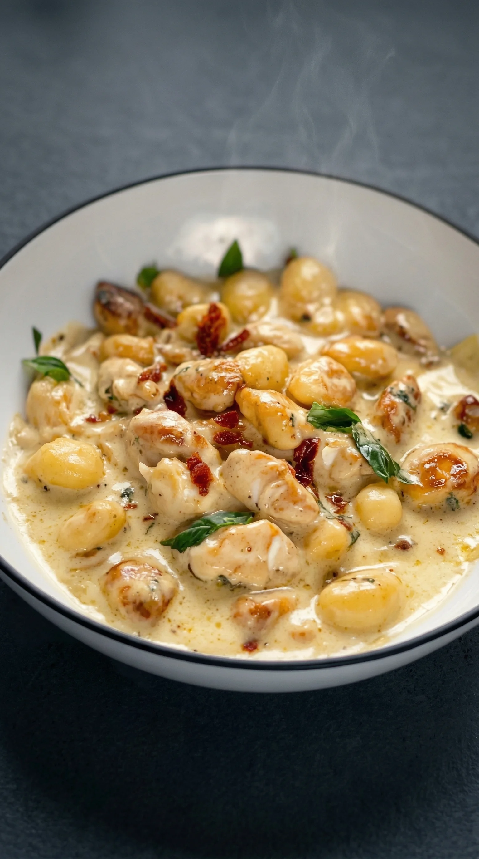 A bowl of creamy chicken with gnocchi.