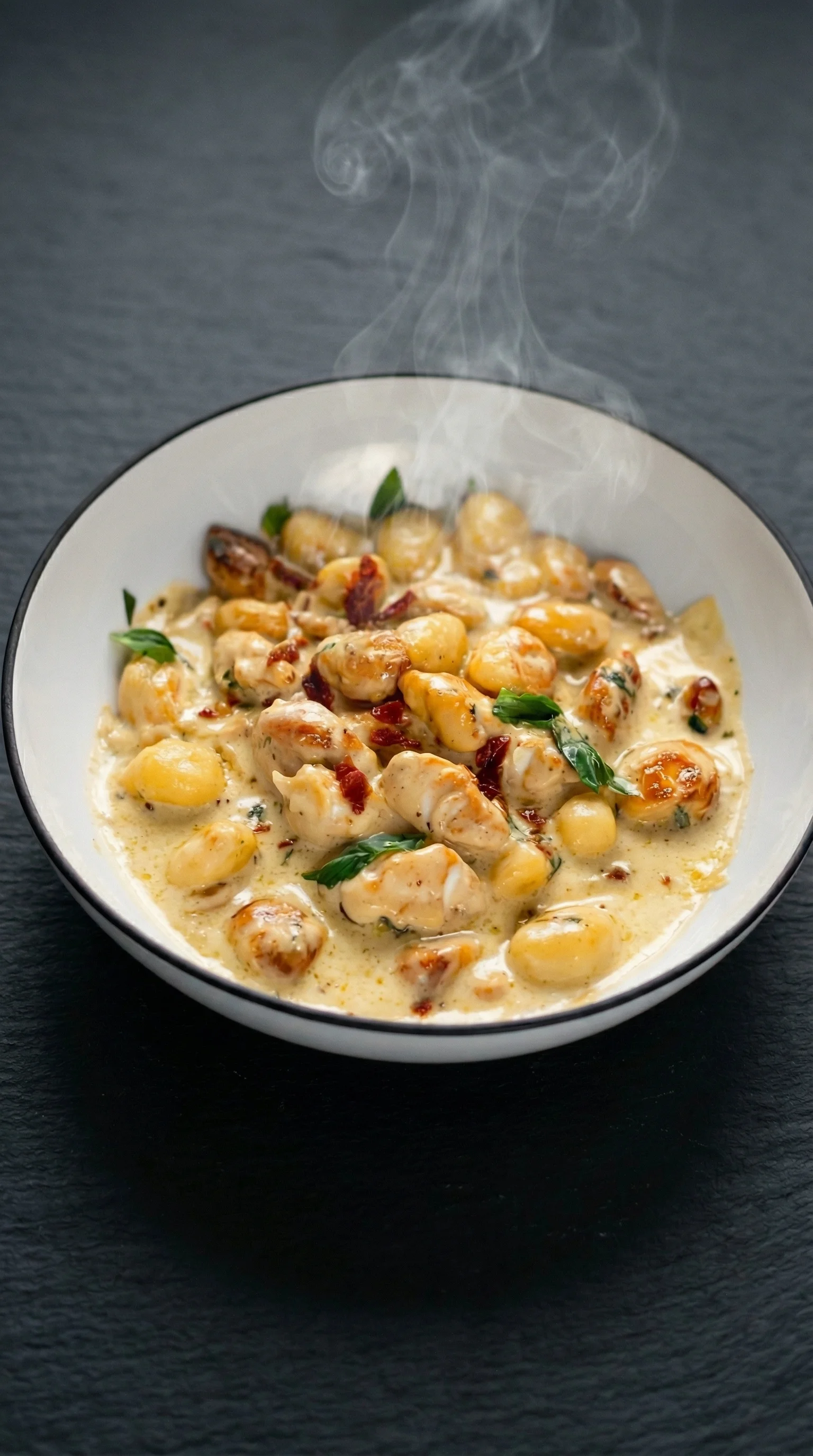 A bowl of creamy chicken with gnocchi.
