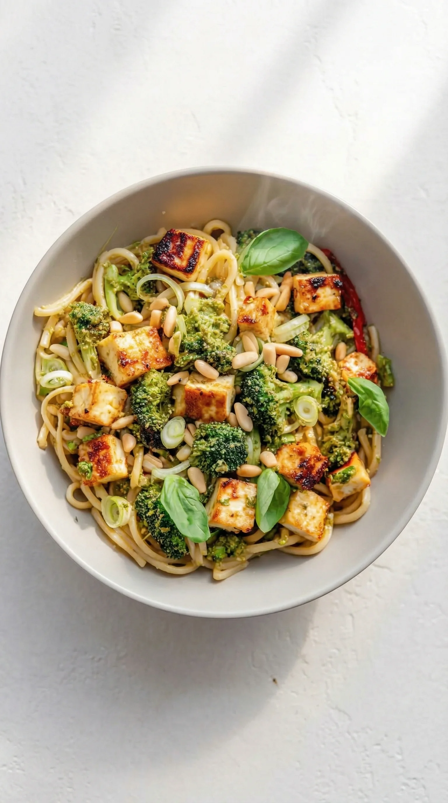 A bowl of pasta with broccoli and other vegetables.