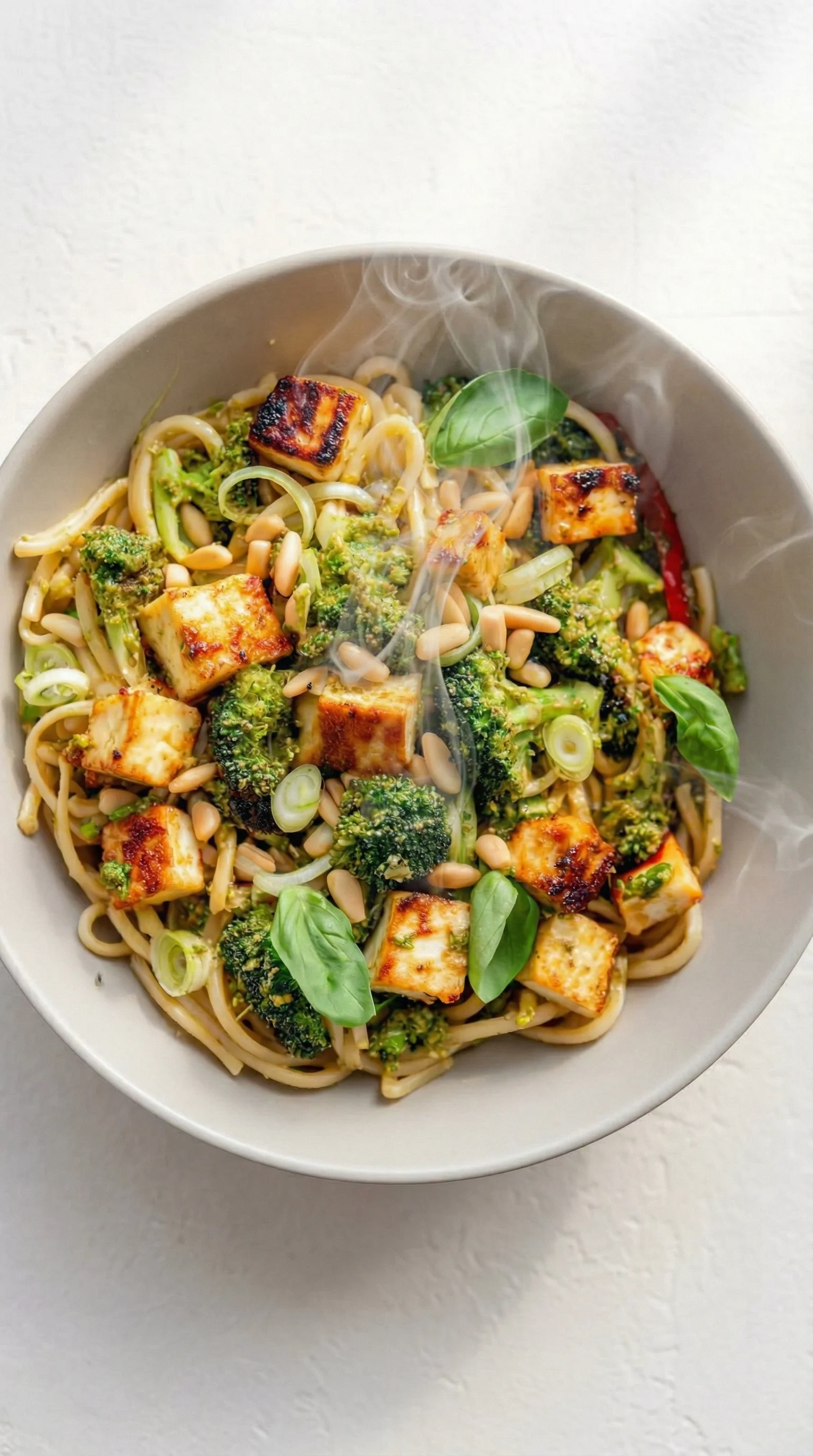 A bowl of pasta with broccoli and other vegetables.
