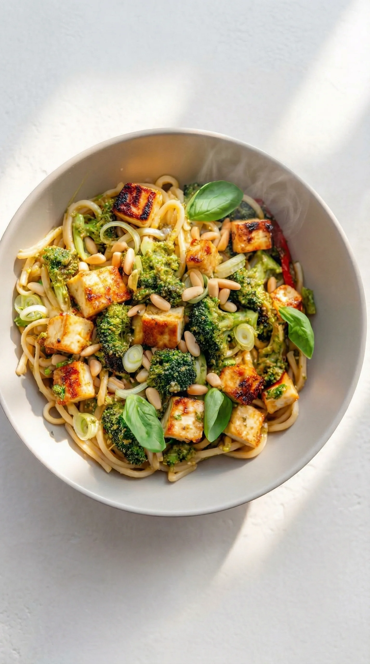 A bowl of pasta with broccoli and beans.