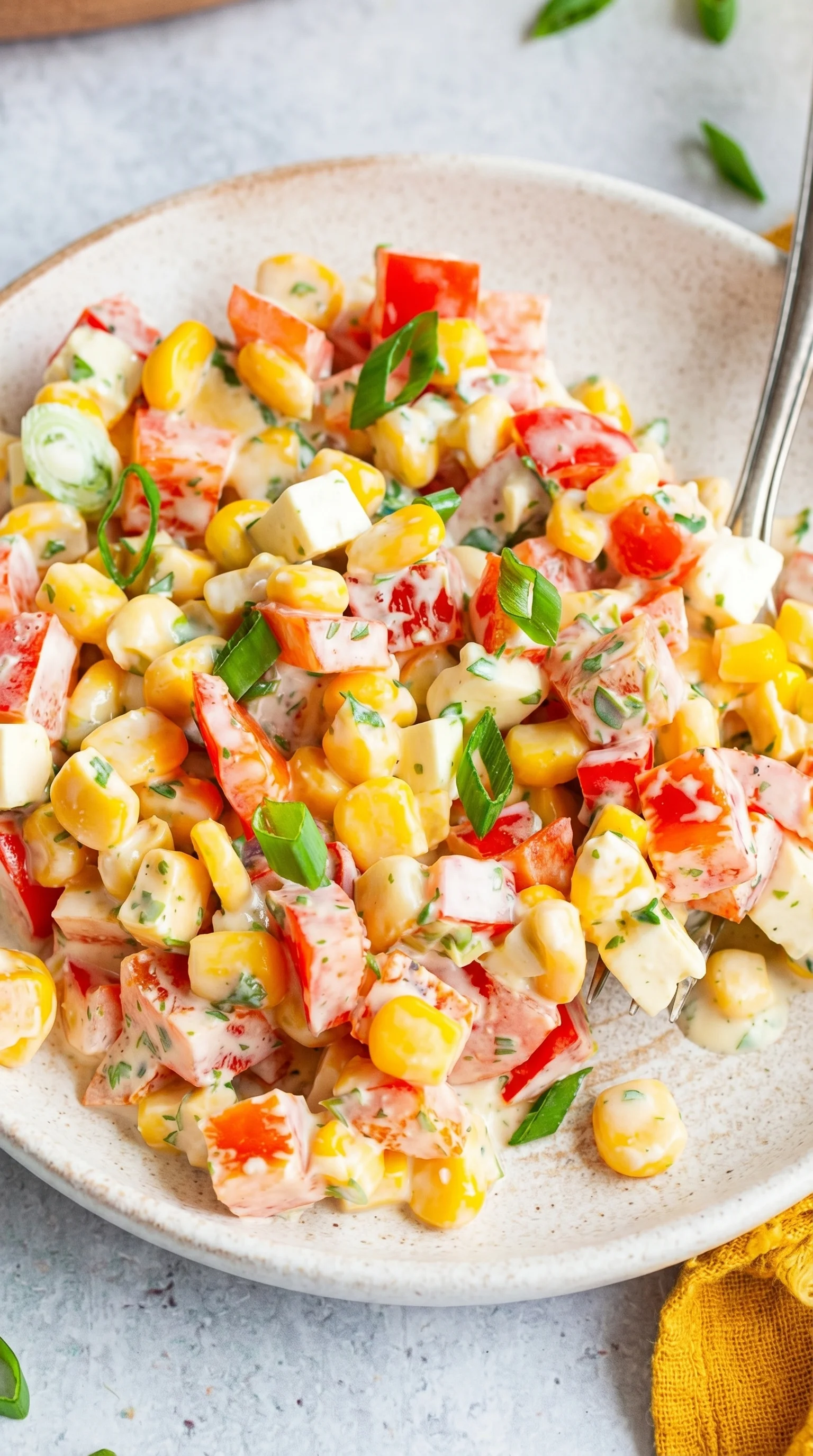 A bowl of salad with corn, tomatoes, and feta cheese.