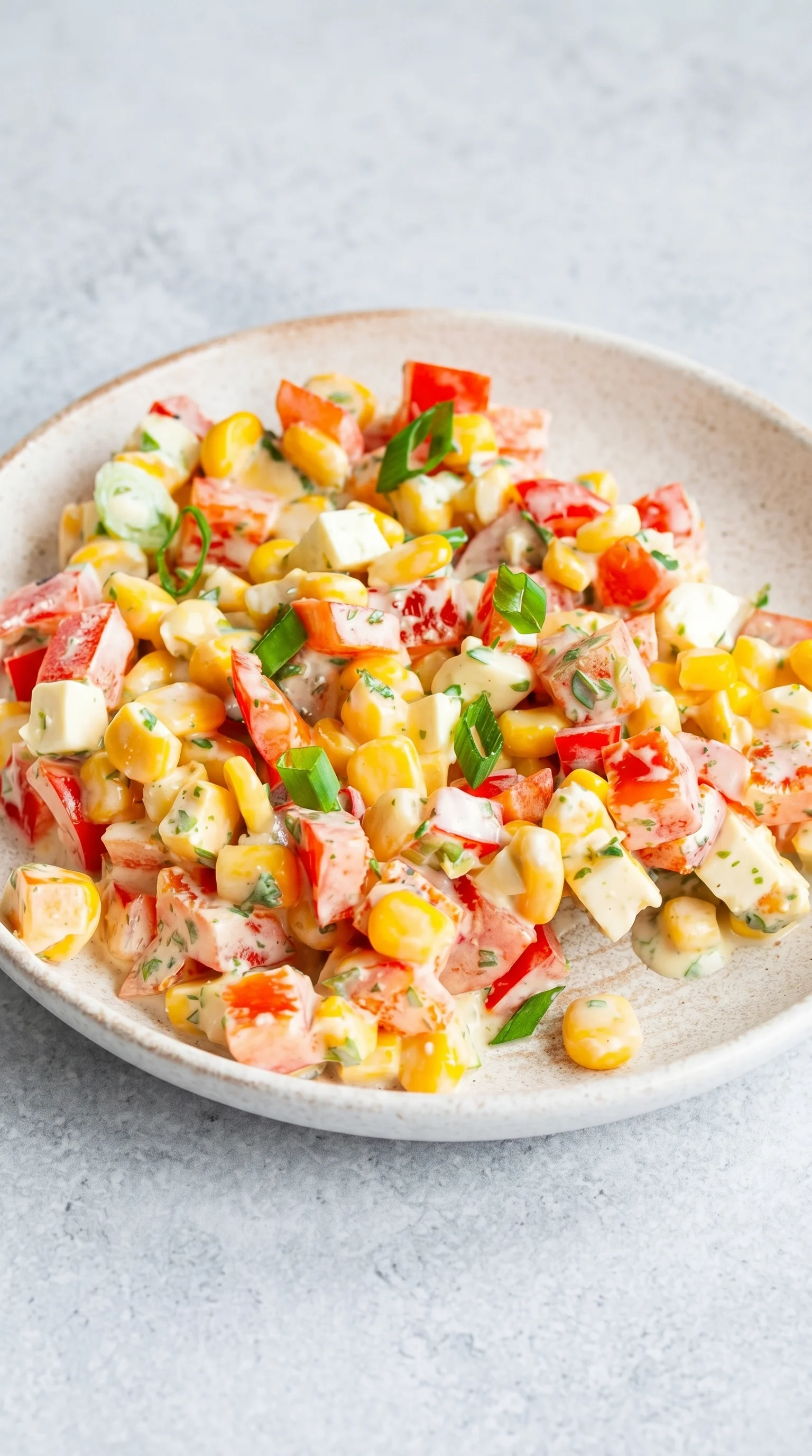 A bowl of salad with corn, tomatoes, and feta cheese.