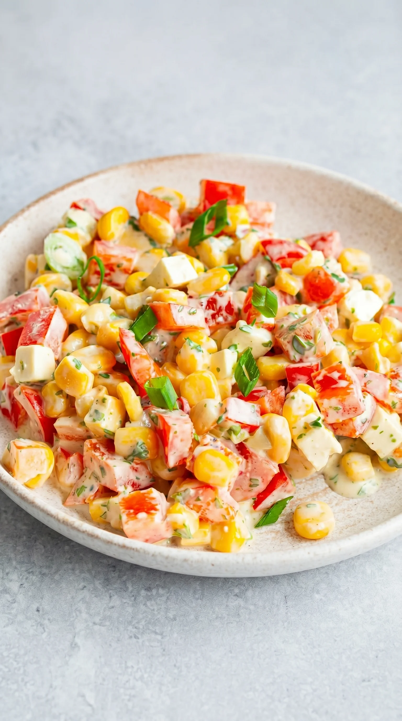 A bowl of salad with corn, tomatoes, and feta cheese.