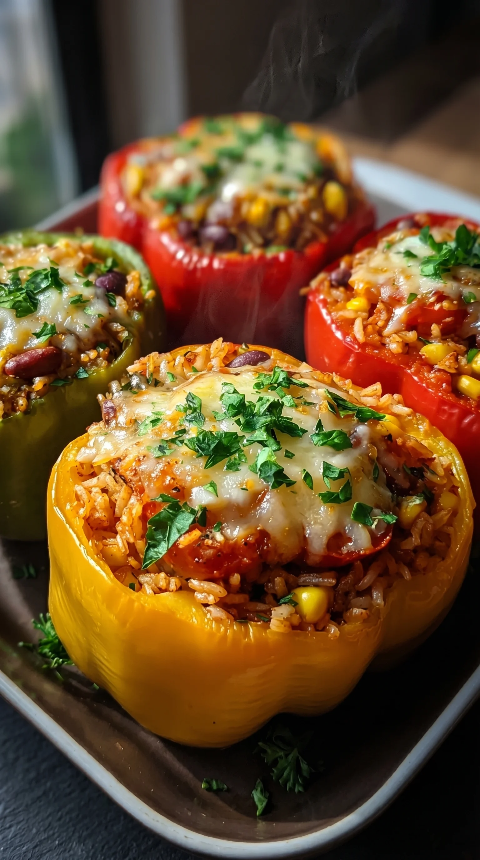 A plate of stuffed peppers with rice.