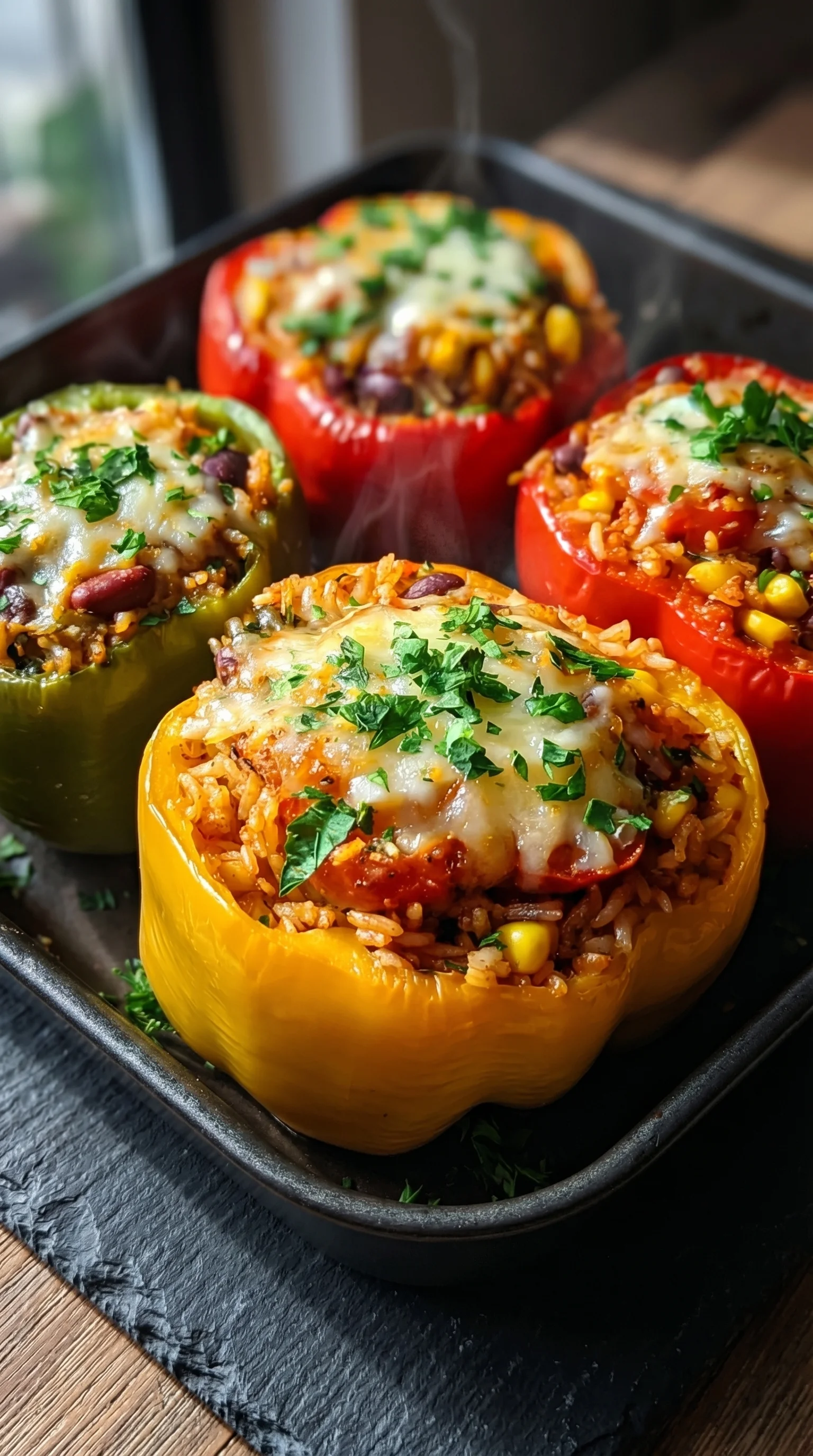A plate of vegetarian stuffed peppers with rice.