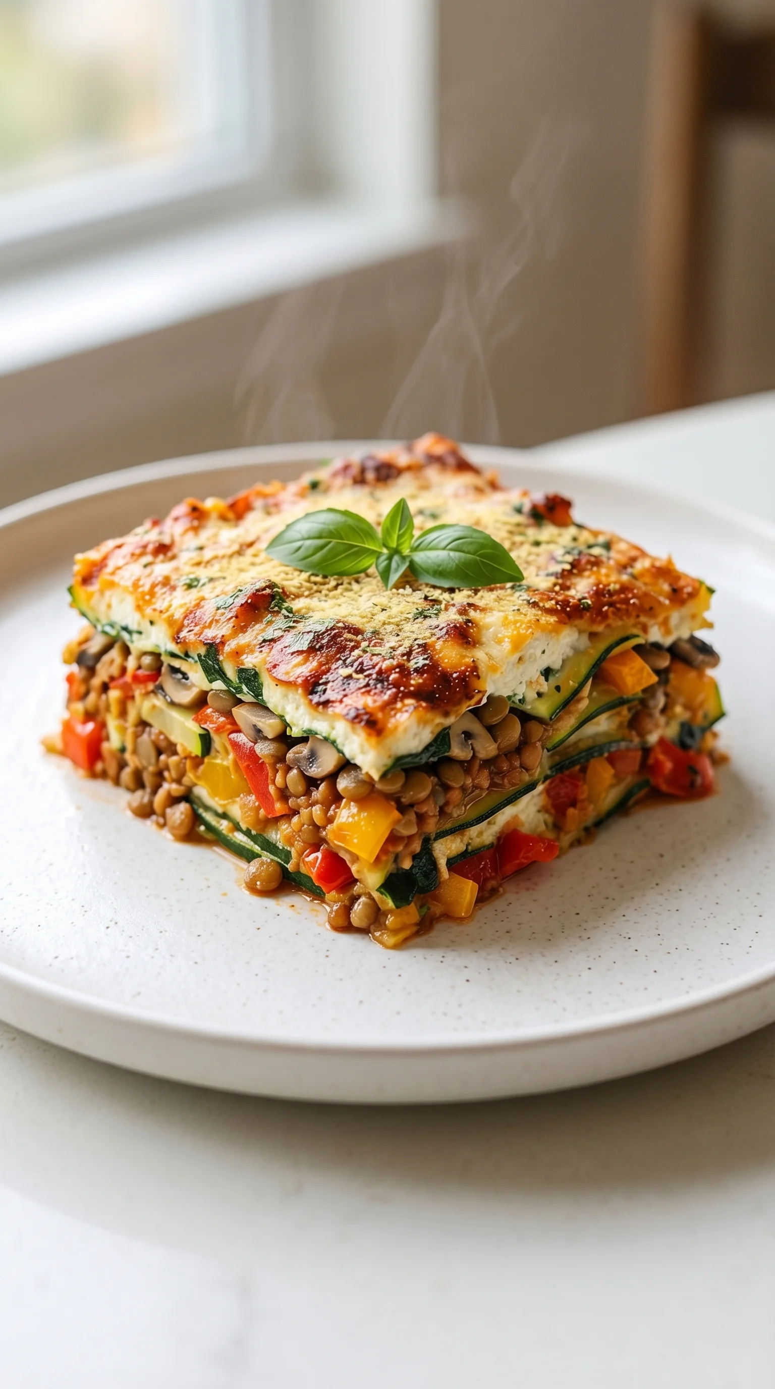 A high protein veggie lasagna on a plate.