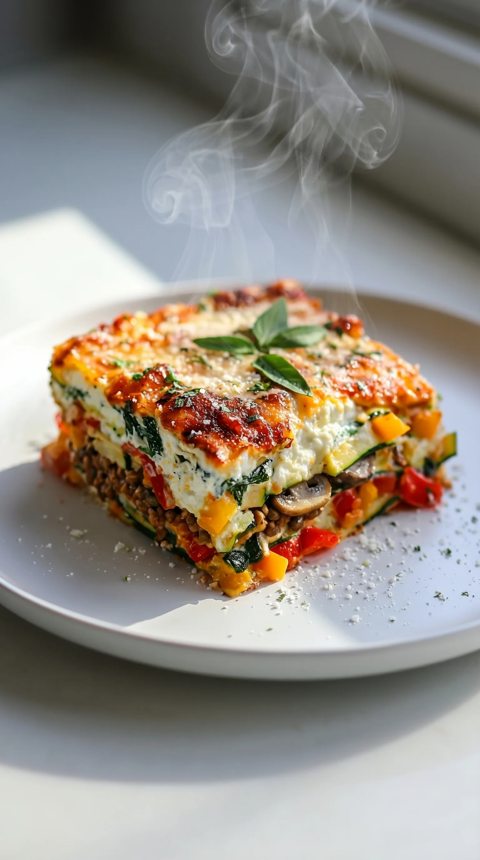 A square plate with a slice of high protein veggie lasagna.