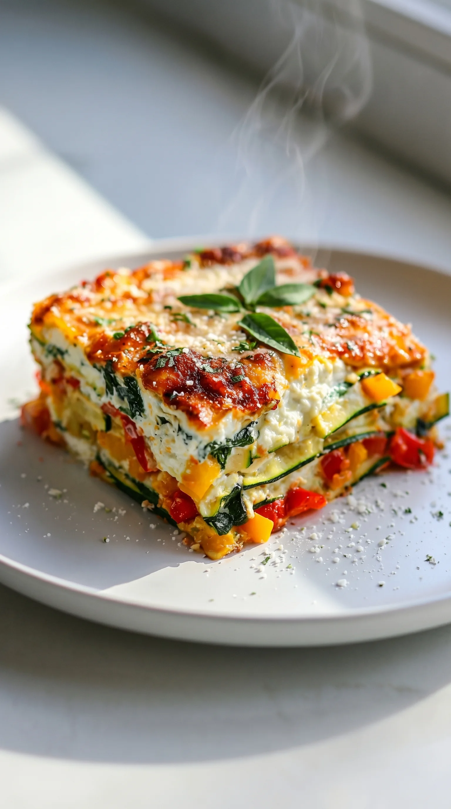 A slice of high protein veggie lasagna.