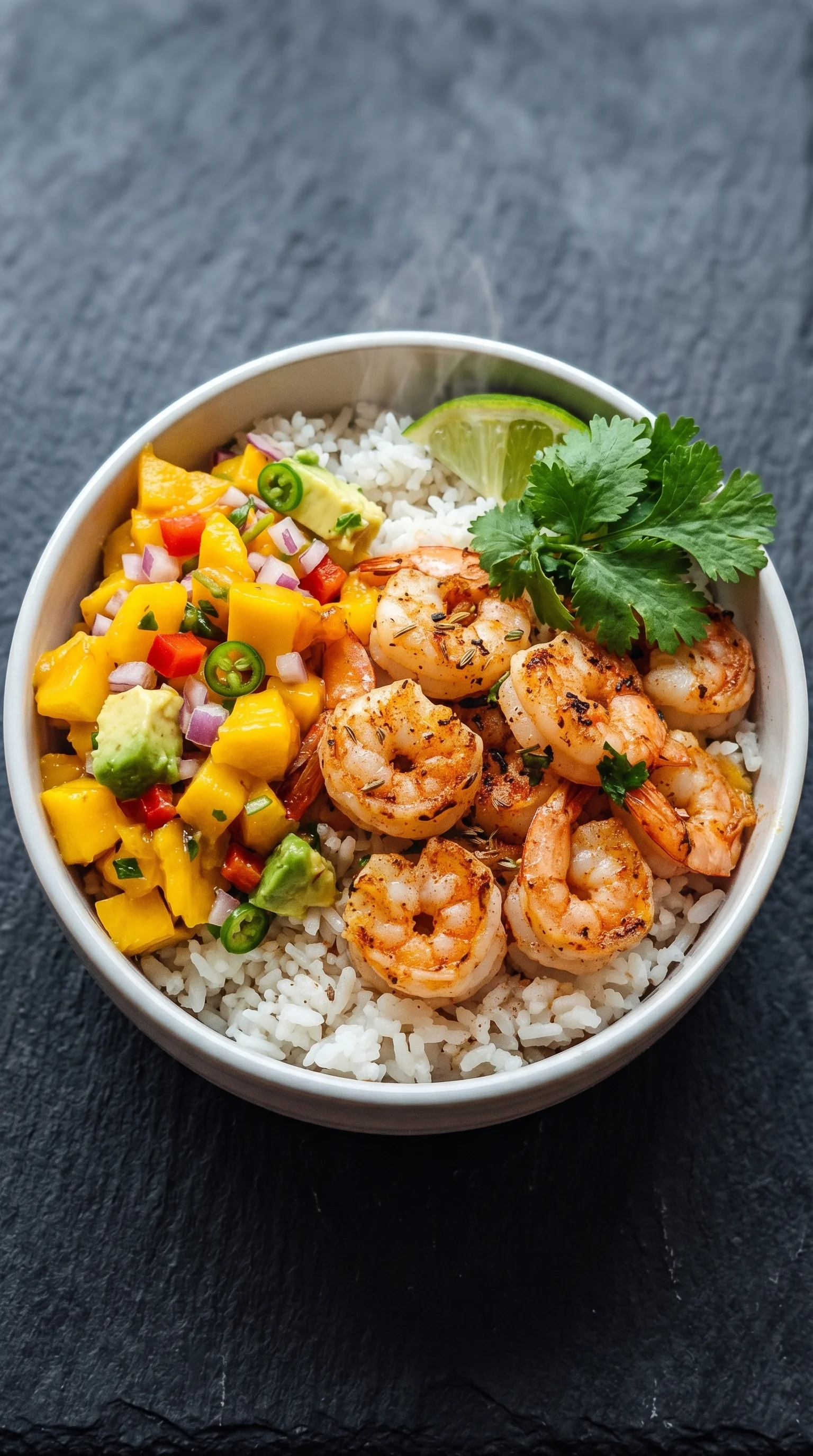 A bowl of shrimp and mango salsa rice.