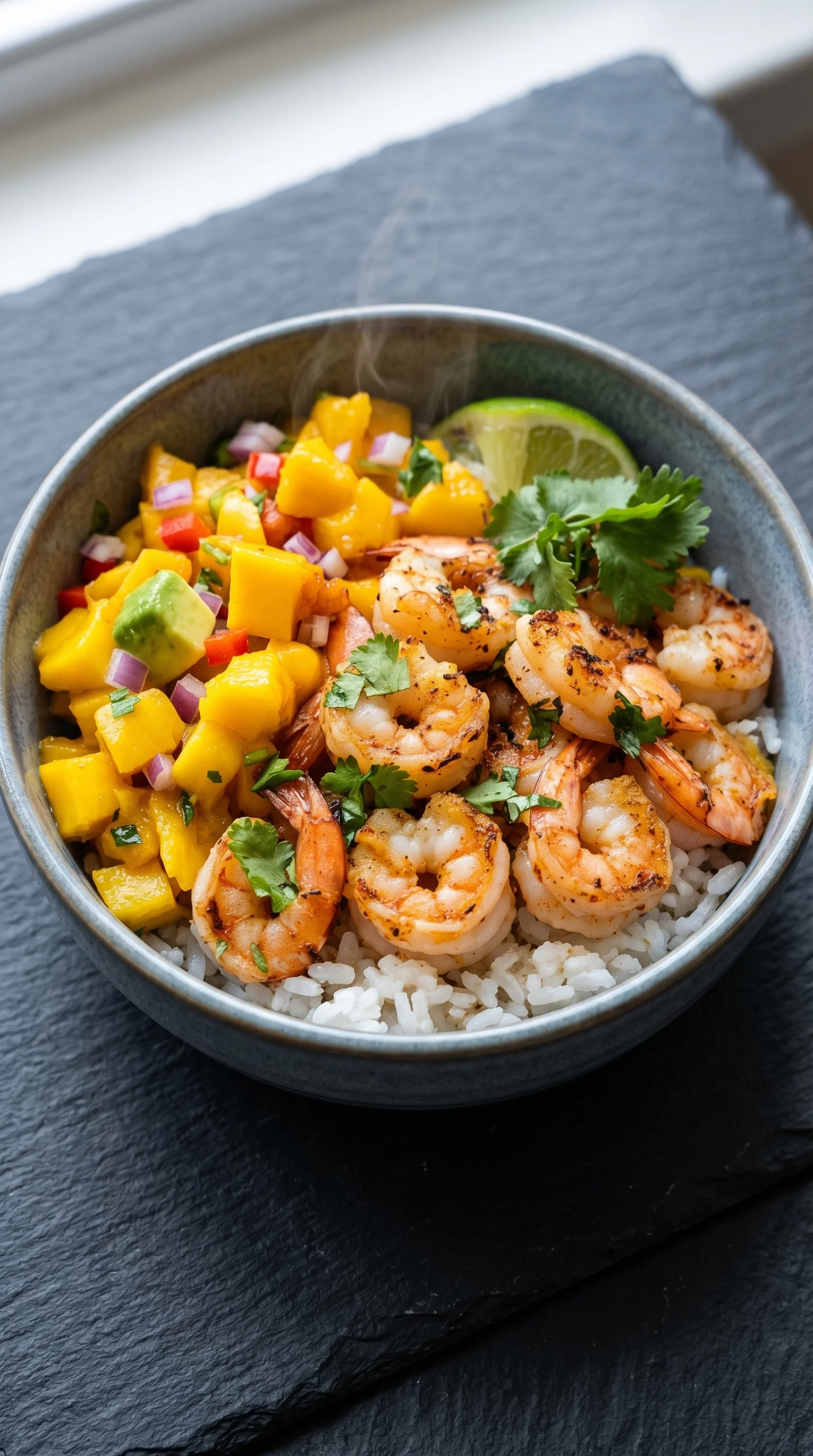 A bowl of shrimp and mango salsa.