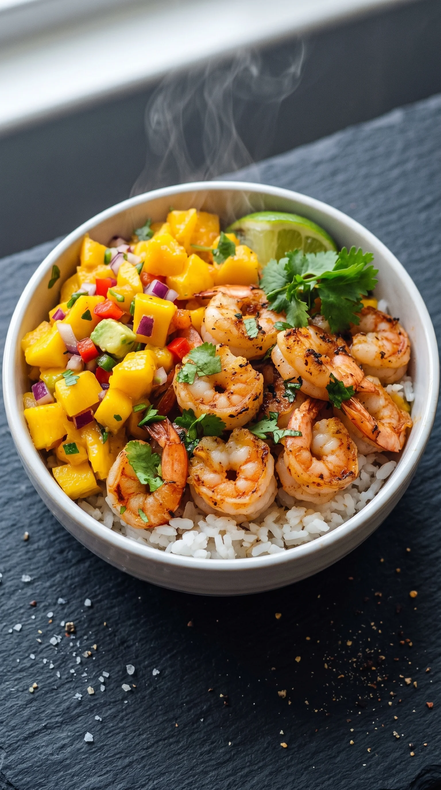 A bowl of shrimp and mango salsa.