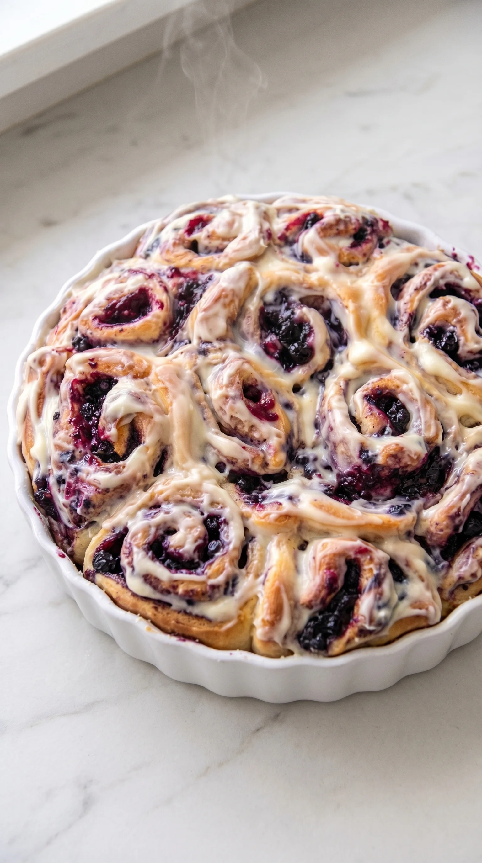 A cake with blueberries and cream.