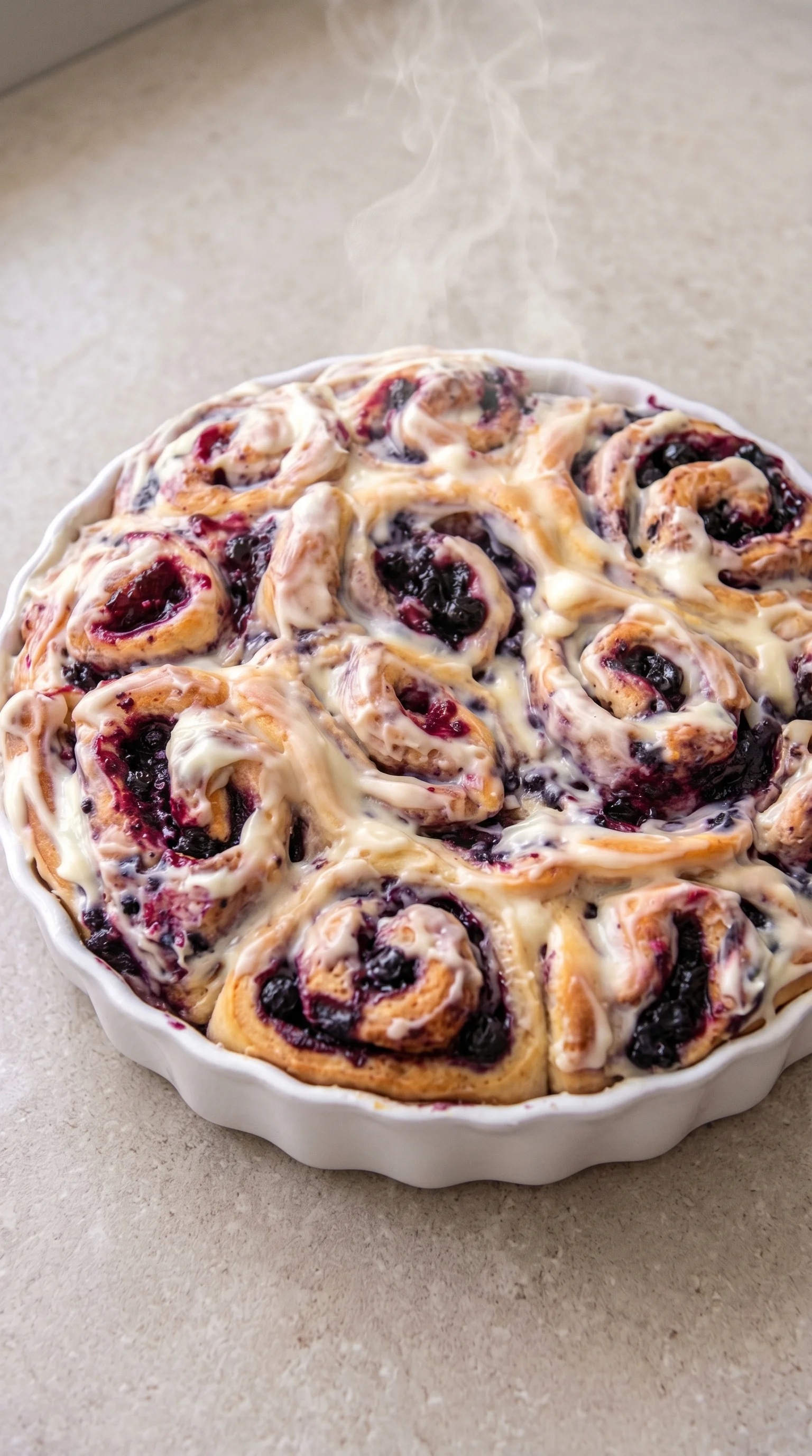 A white bowl filled with a blueberry pastry.