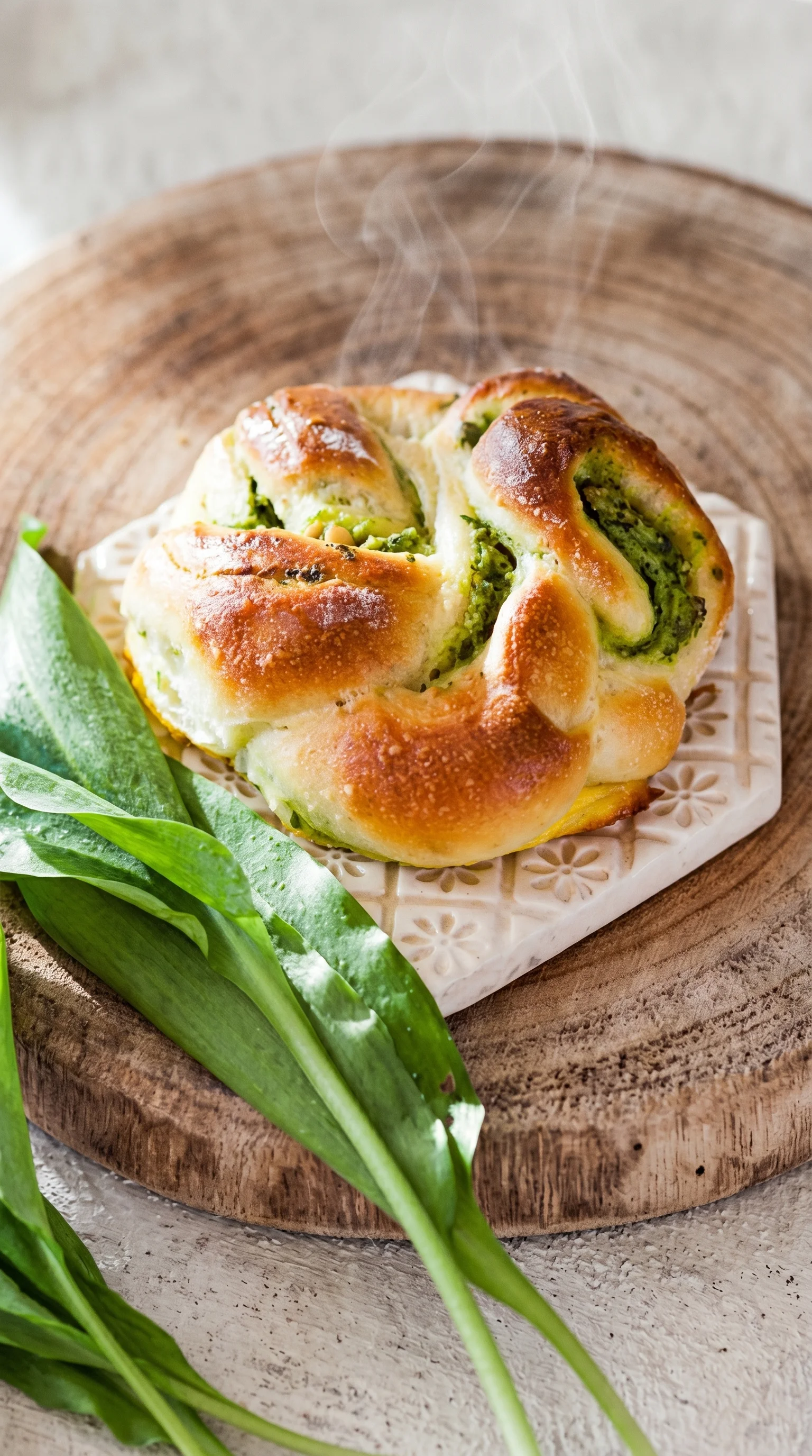 A baked pastry with a green topping.