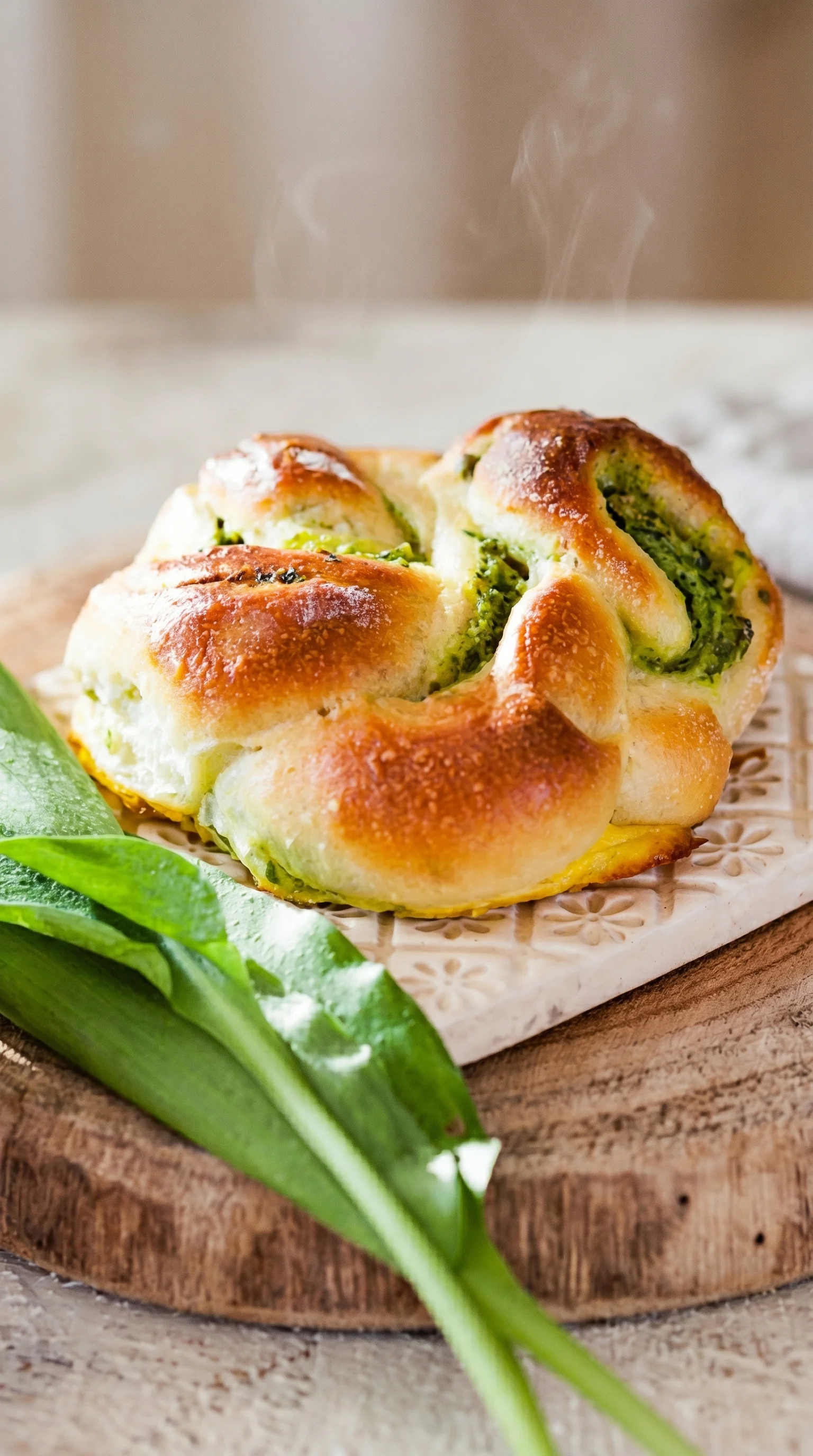 A baked bread with a green topping.