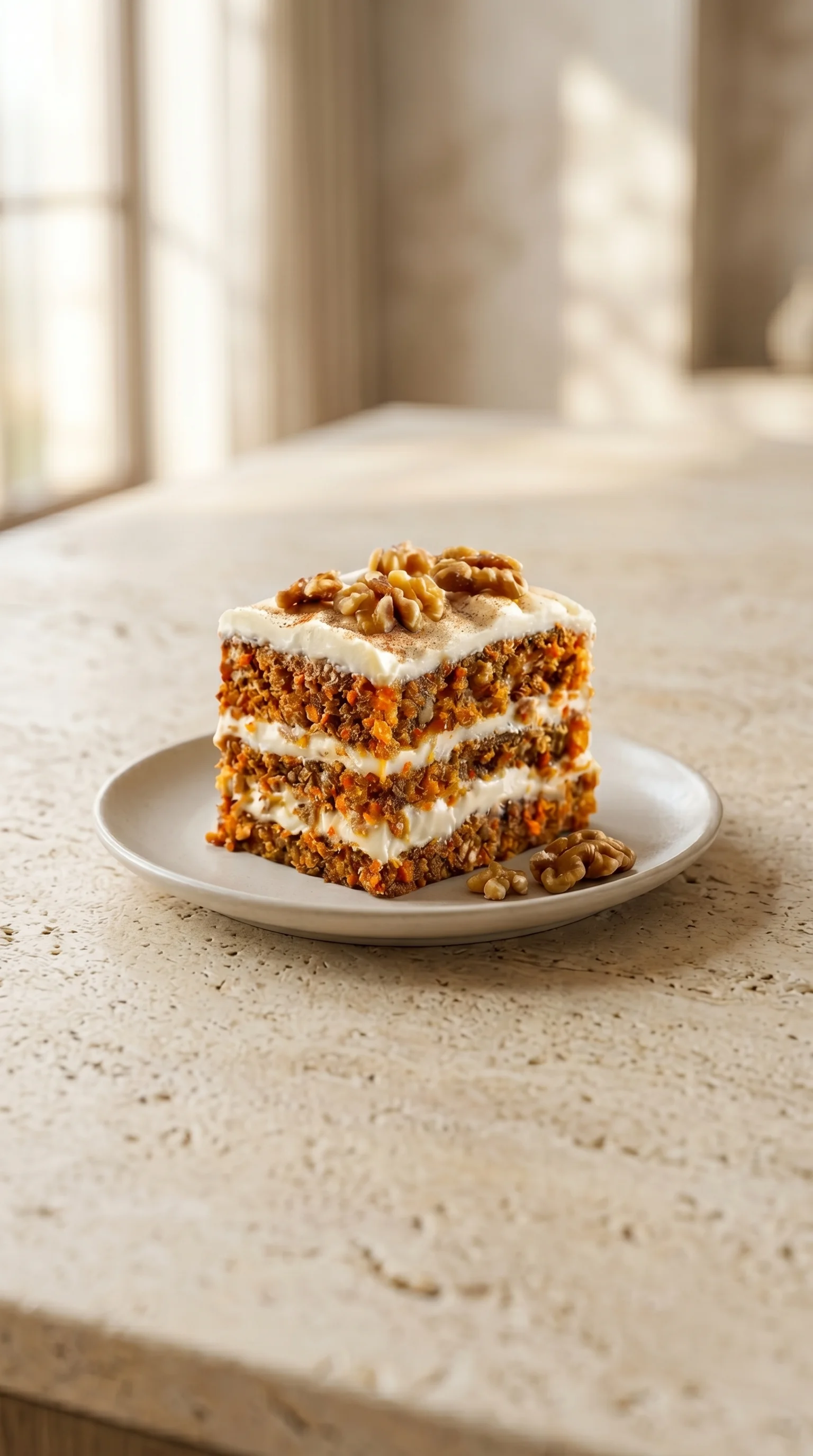 A slice of cake with walnuts and cream.