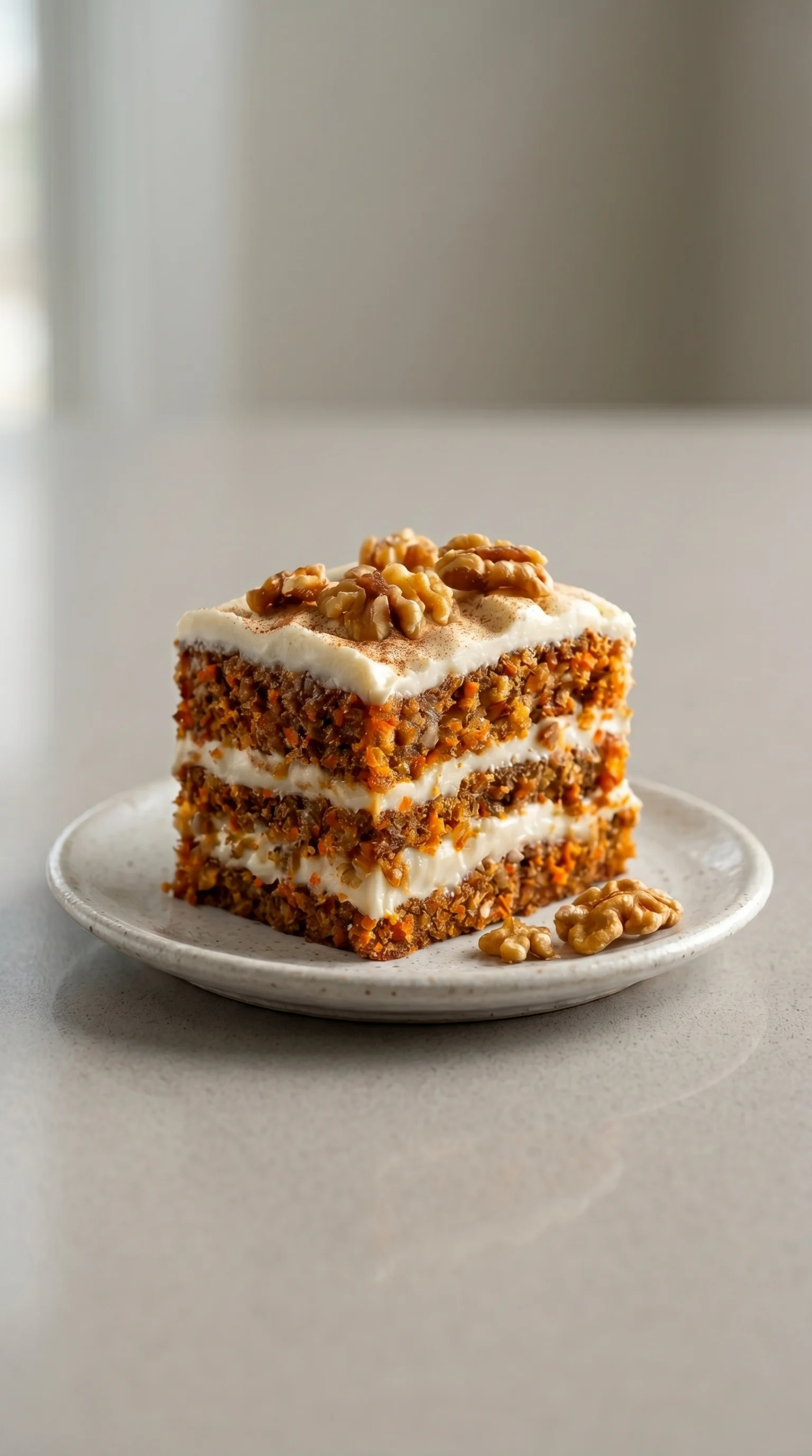 A slice of carrot cake with walnuts and cream.