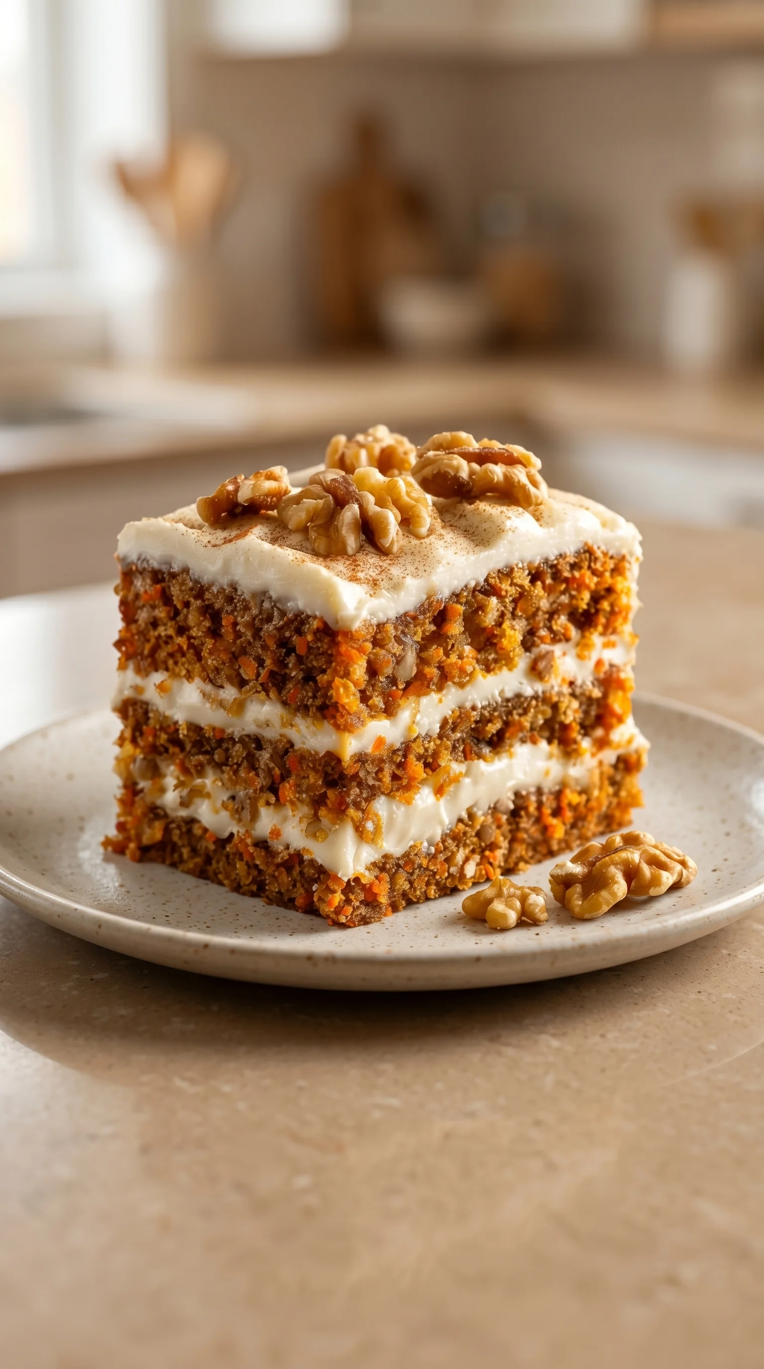A slice of carrot cake with walnuts and cream.