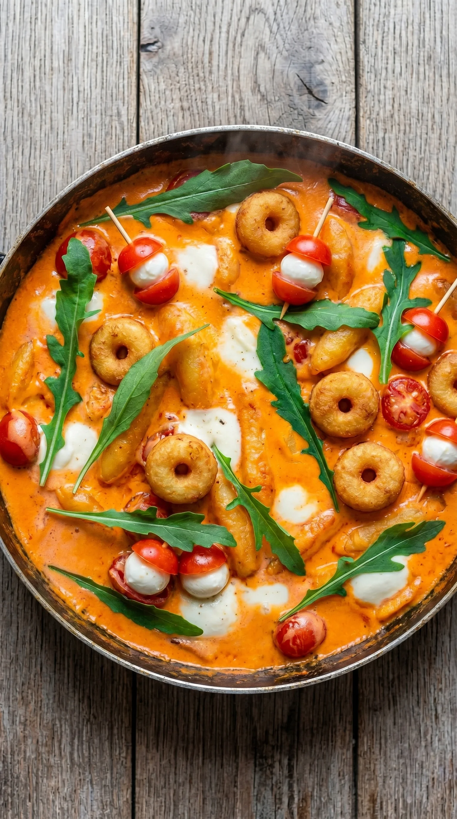 A pan of food with tomatoes, cheese, and a green vegetable.