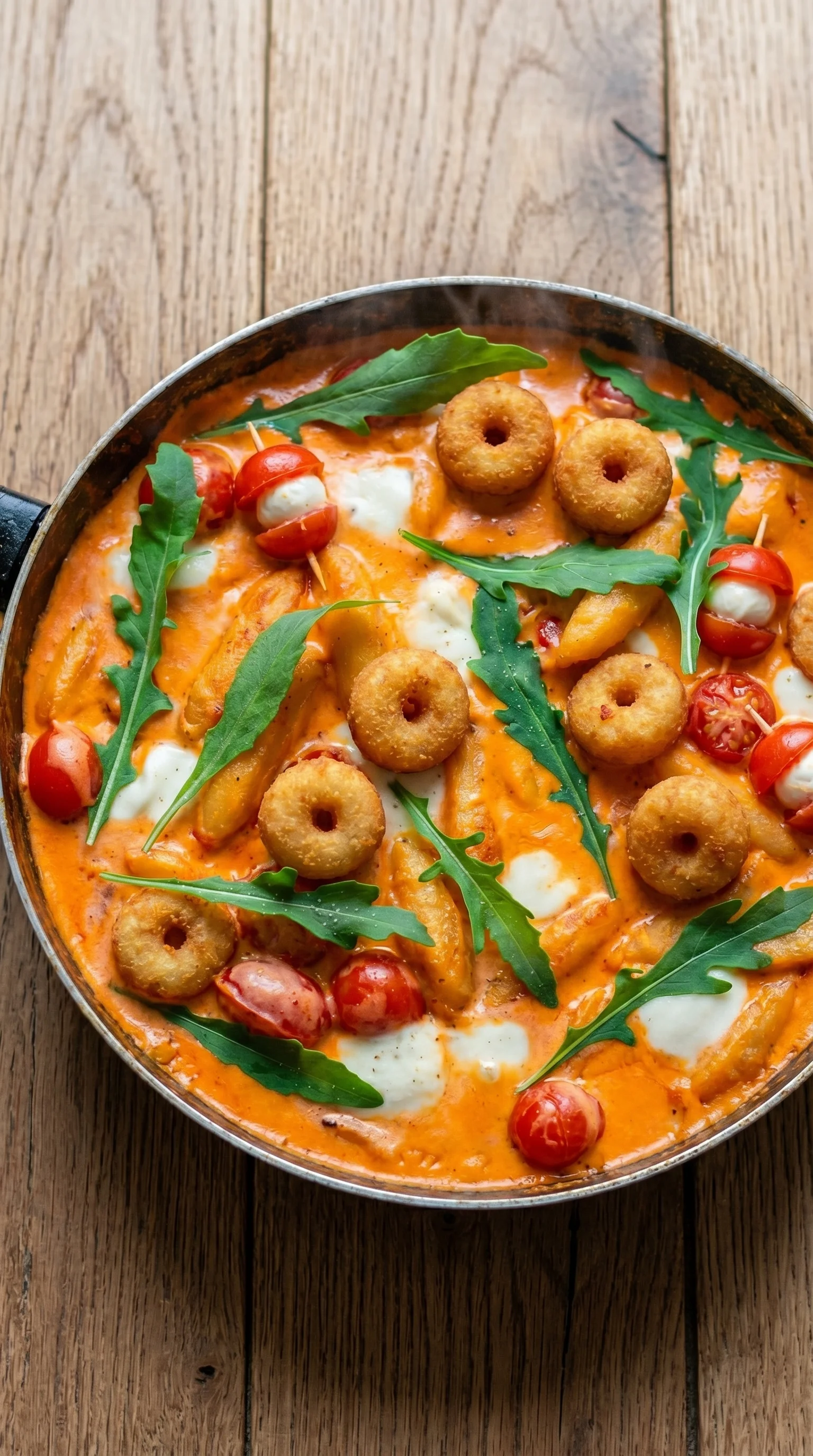 A bowl of food with a tomato and a piece of broccoli.