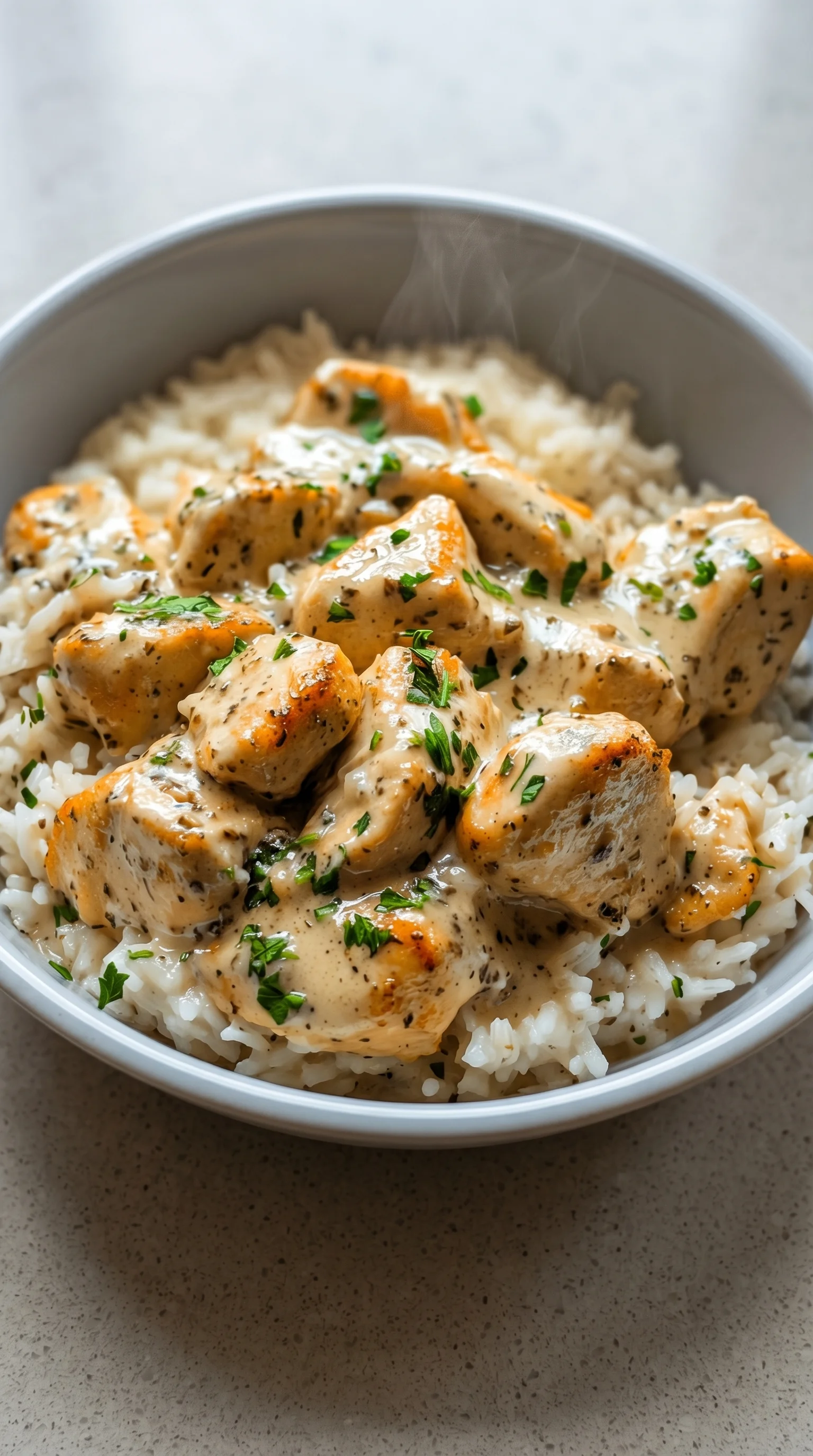 A bowl of rice with chicken and herbs.