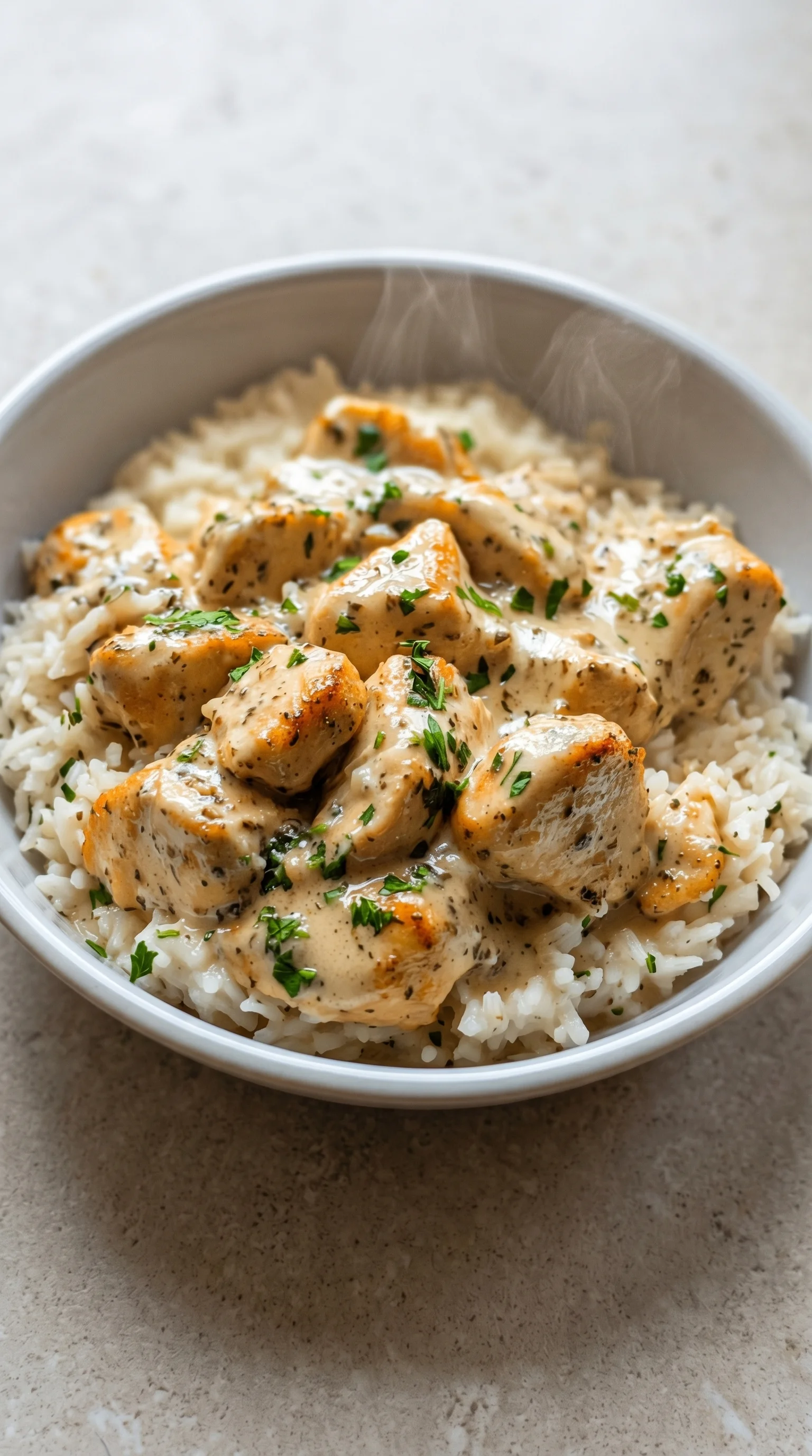 A bowl of rice with chicken and herbs.