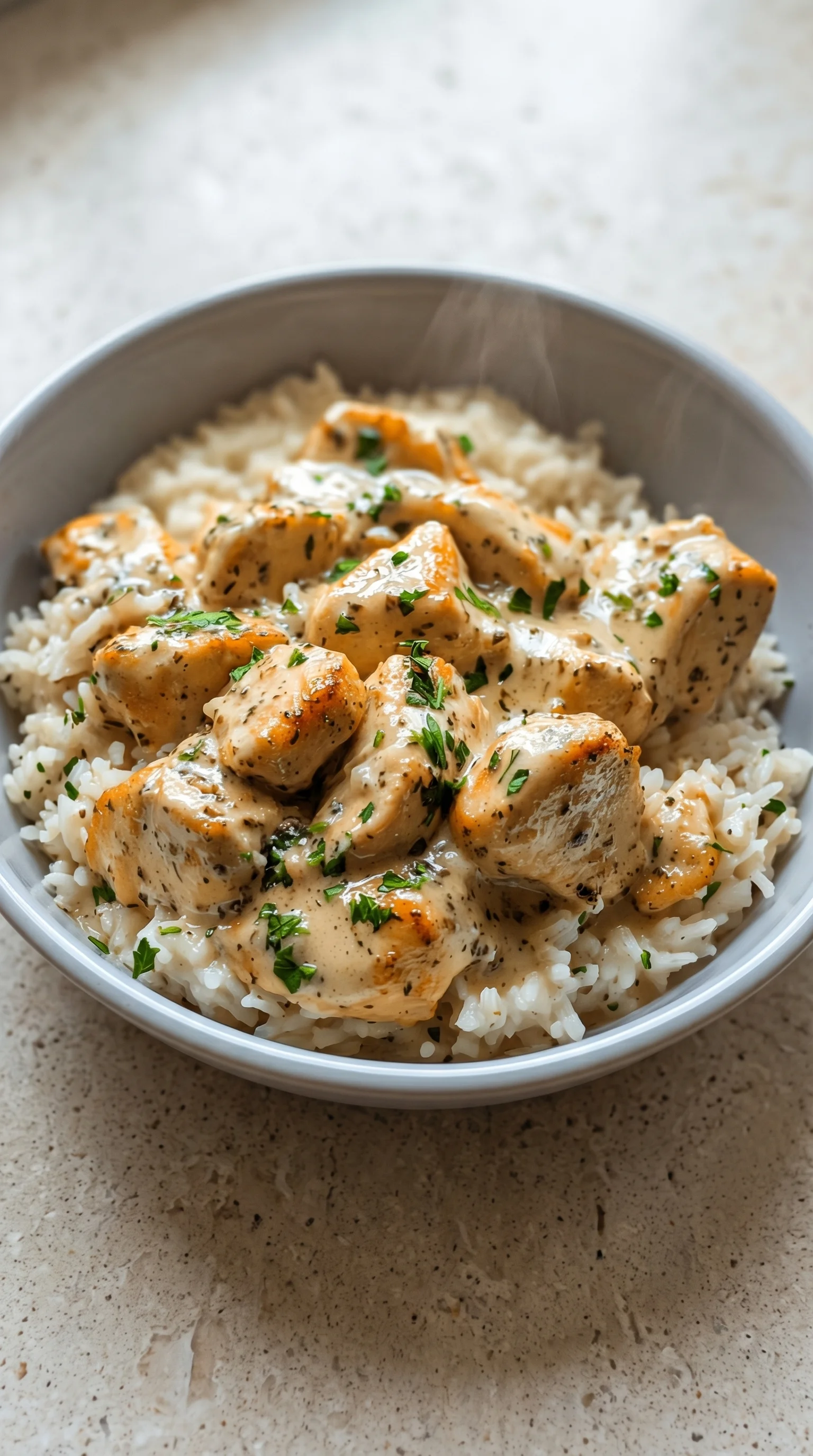 A bowl of rice with chicken and herbs.