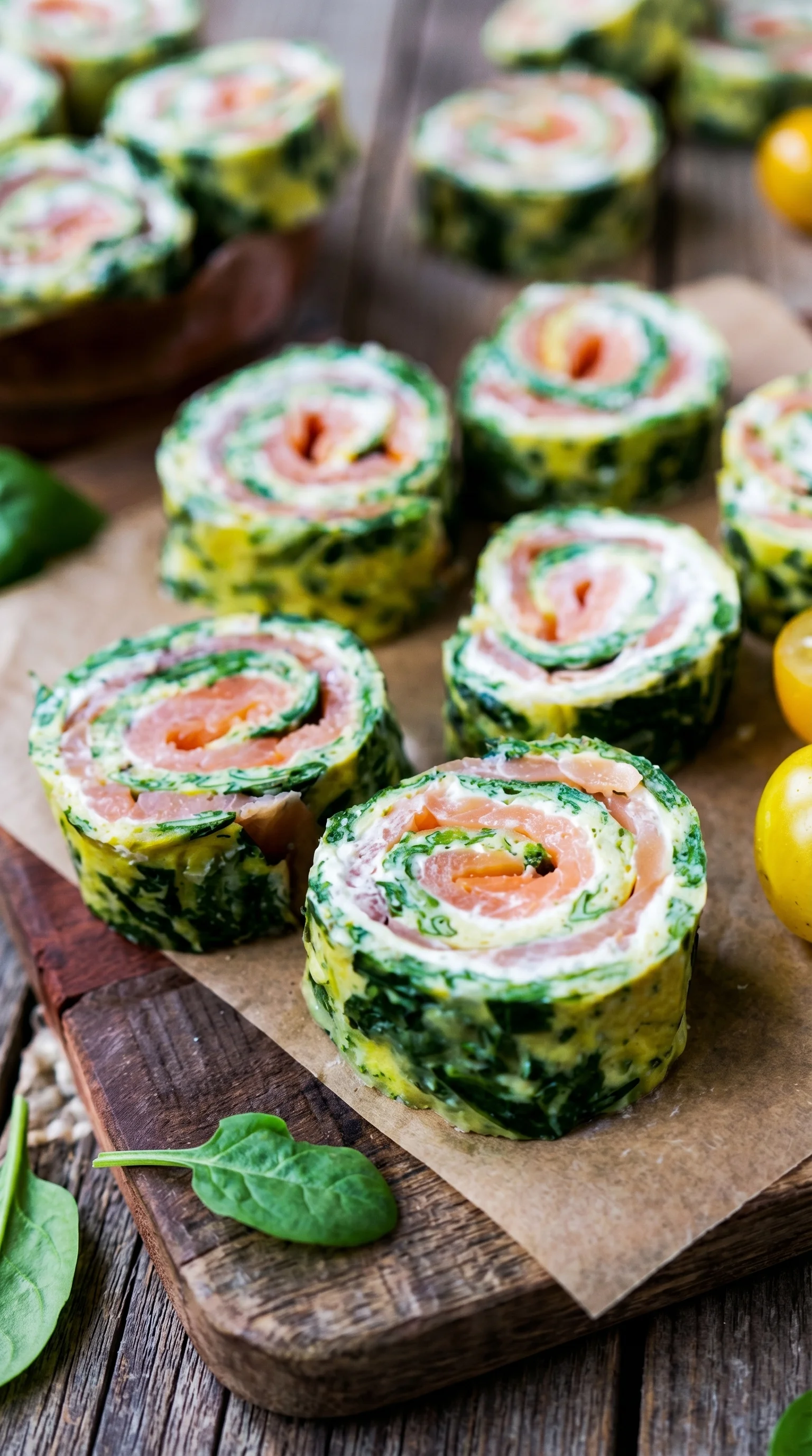 A plate of low carb spinach and salmon rolls.