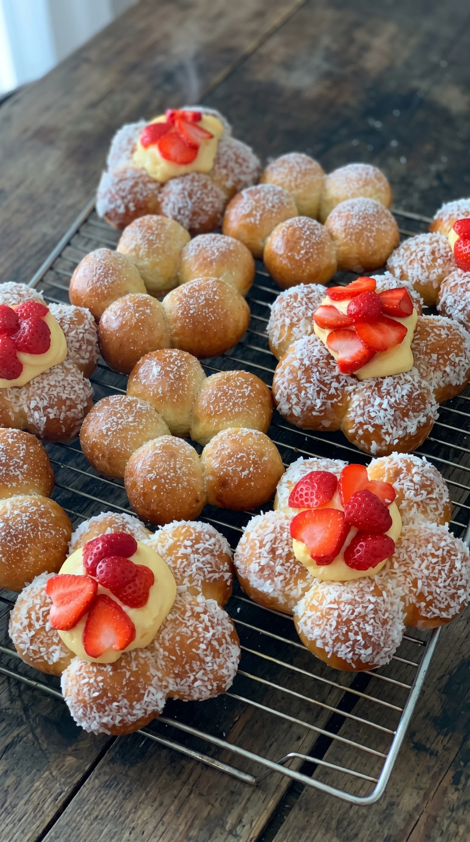 A tray of pastries with strawberries and cream.