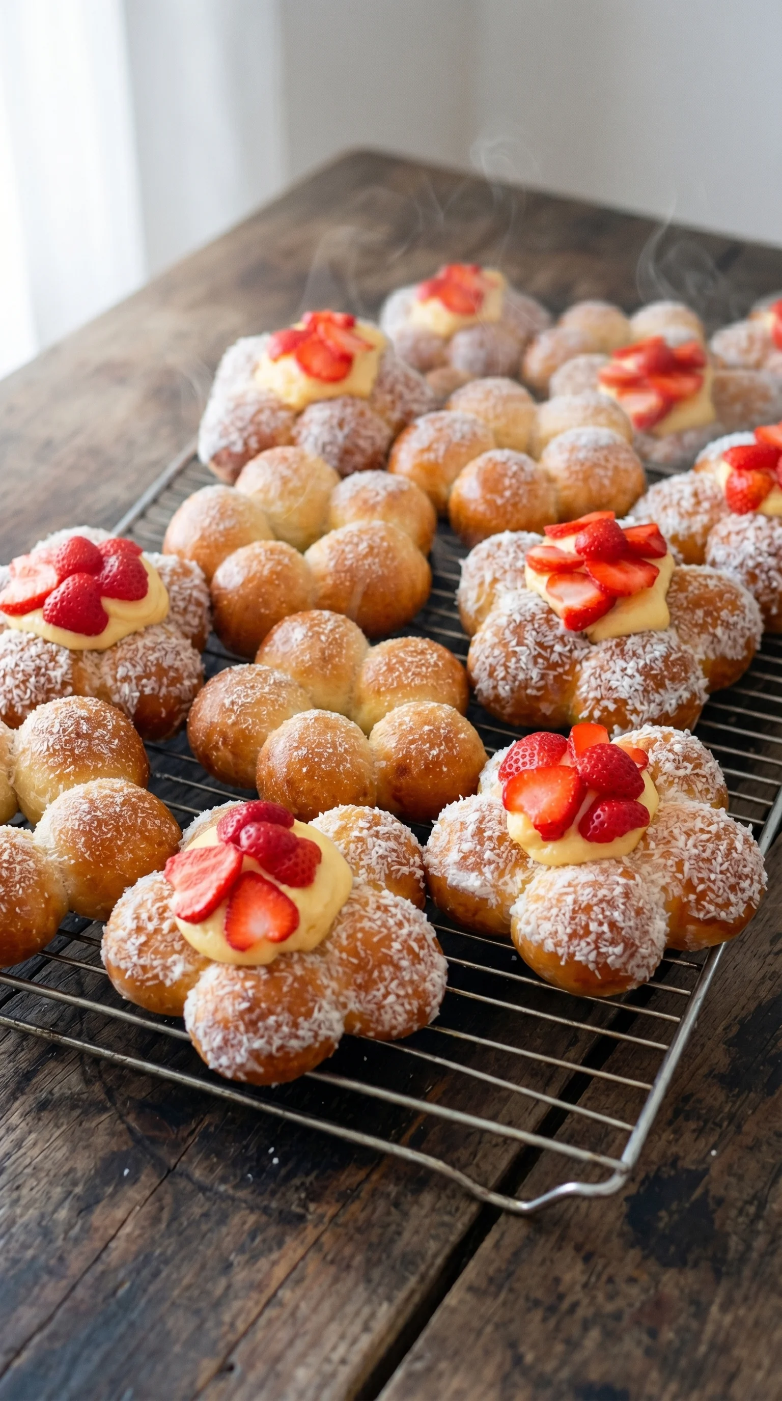 A tray of pastries with strawberries and cream.