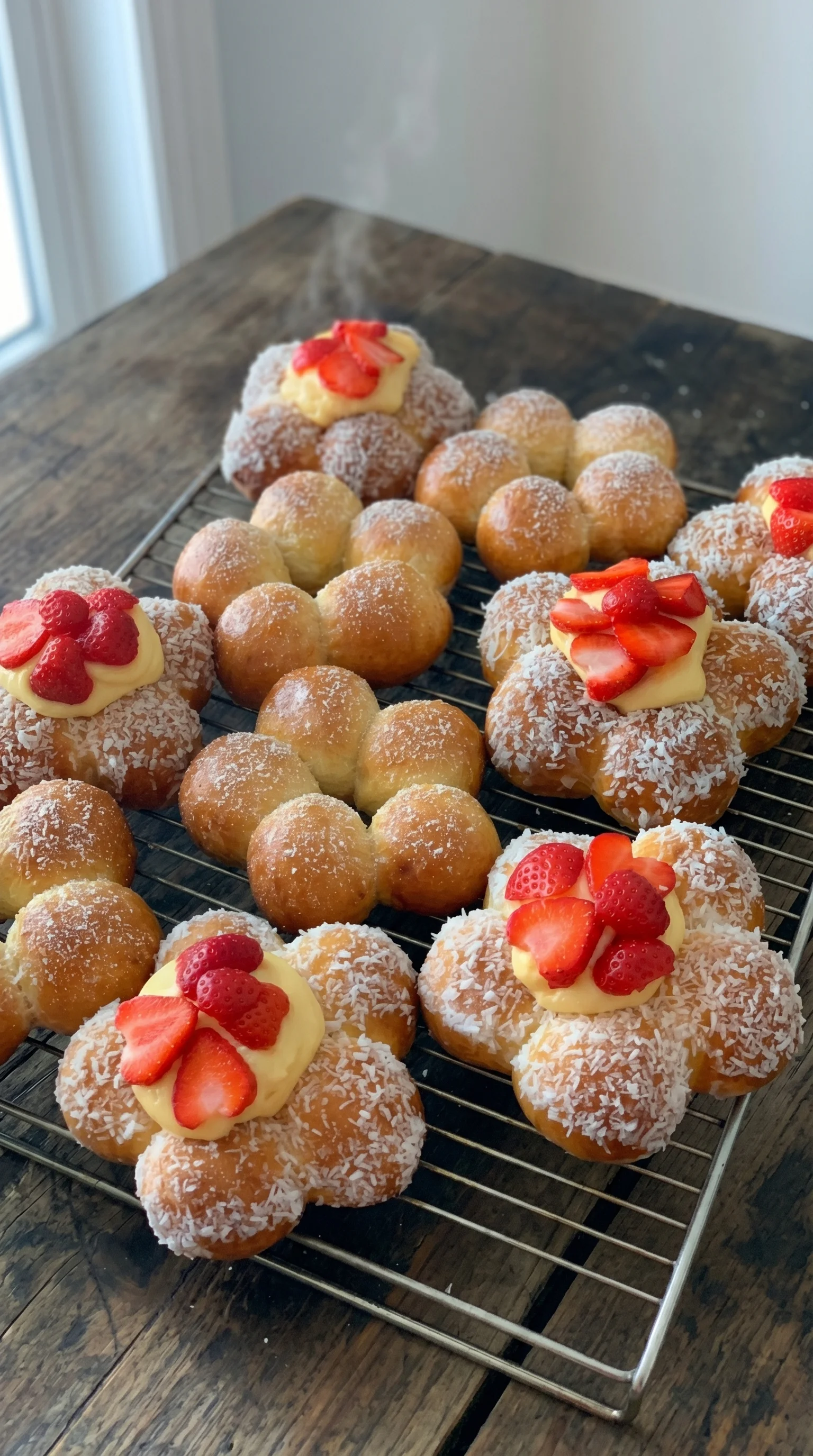 A tray of pastries with strawberries and cream.