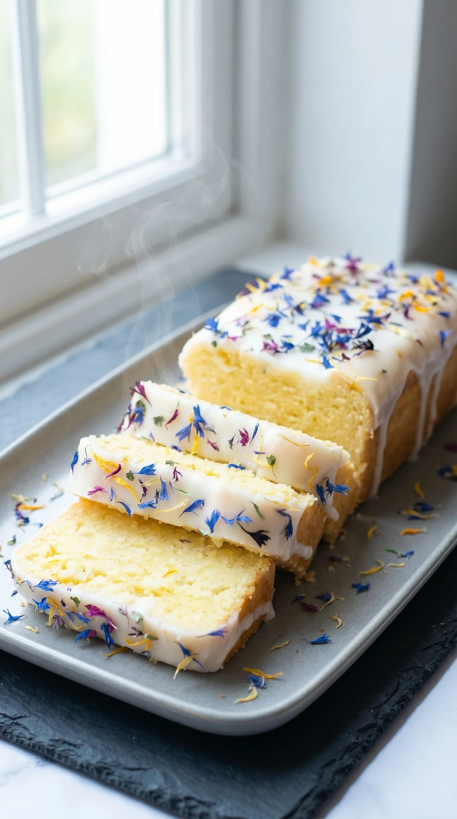 A slice of cake with white frosting and yellow flowers.