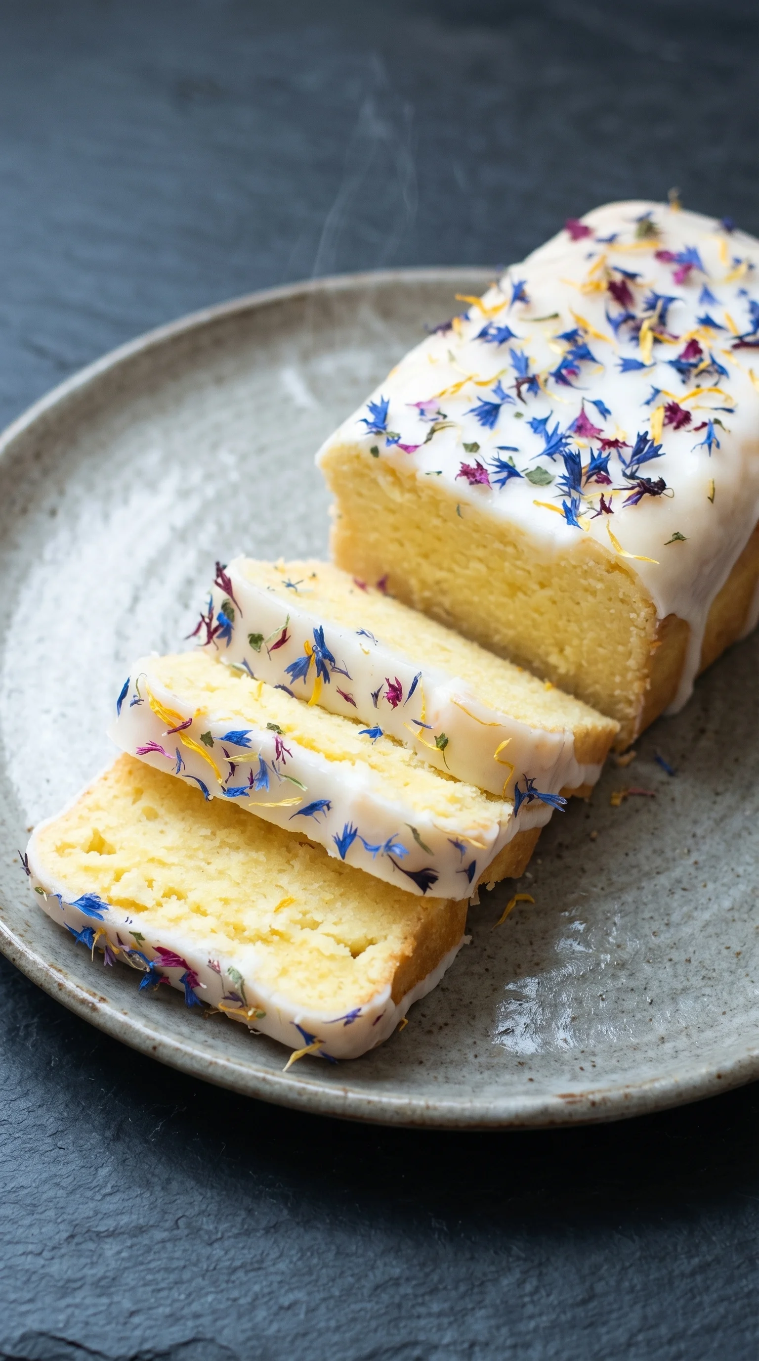 A slice of cake with white frosting and yellow flowers.