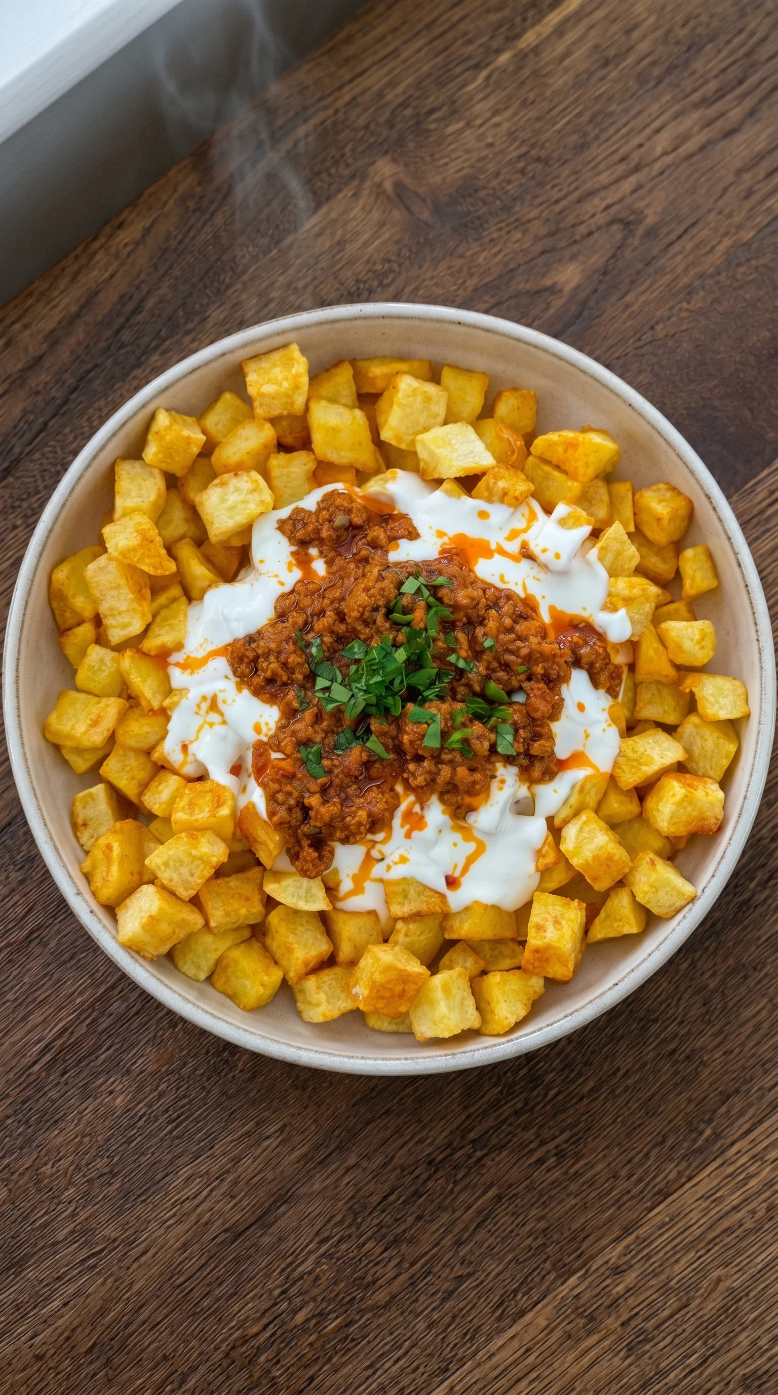 A bowl of food with a green garnish.